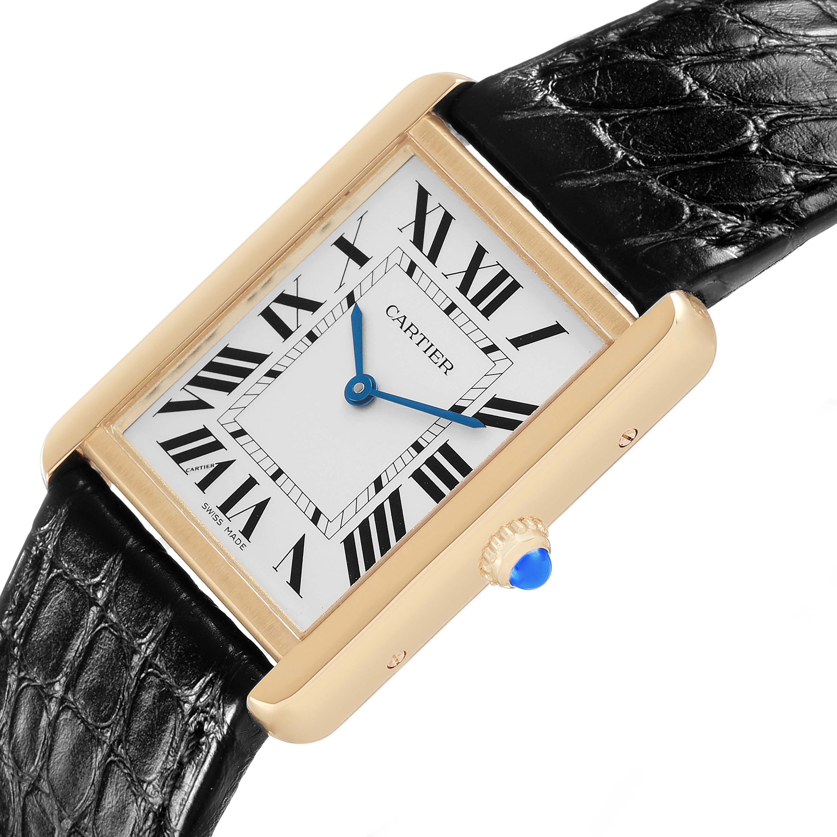 The Cartier Tank Solo W5200004 Men's Yellow Gold Silver Dial watch is at a slight angle showing its rectangular face, Roman numerals, gold casing, and a black leather strap.