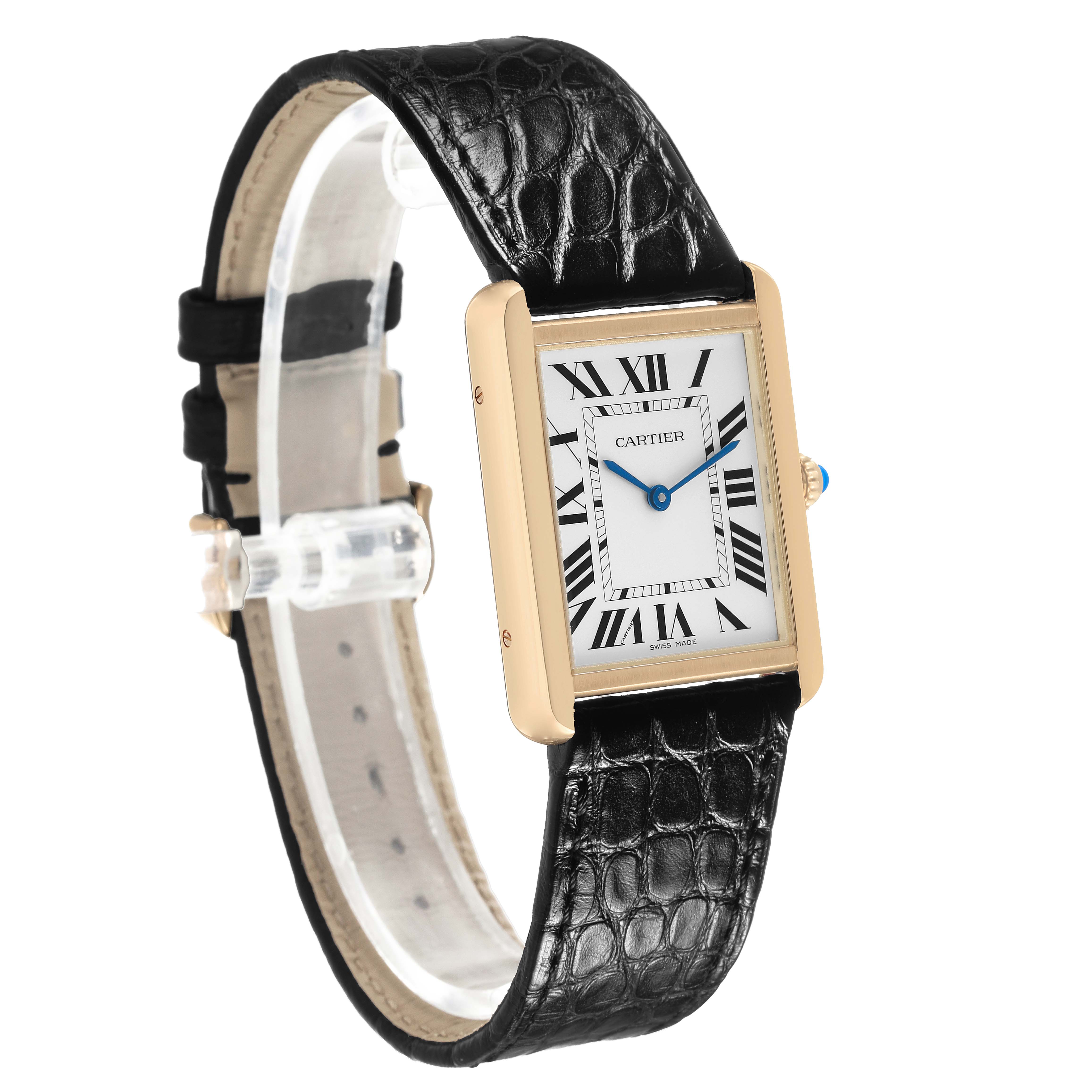 This image shows the Cartier Tank Solo W5200004 Men's Yellow Gold Silver Dial watch at a three-quarter angle, highlighting the rectangular case, black leather strap, and Roman numeral dial.