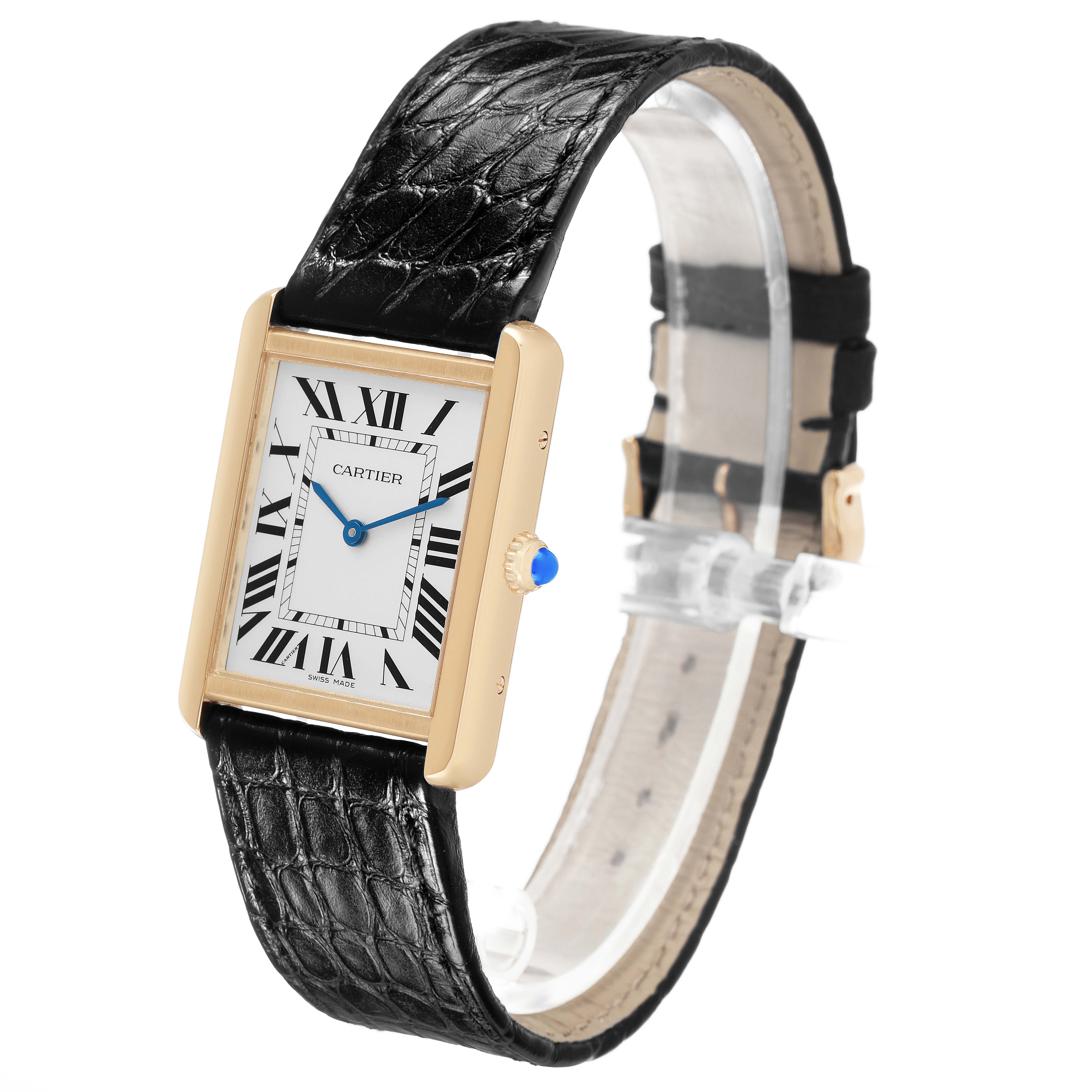 The Cartier Tank Solo W5200004 Men's Yellow Gold Silver Dial watch is shown at a three-quarter angle, highlighting the face, Roman numerals, hands, and leather strap.