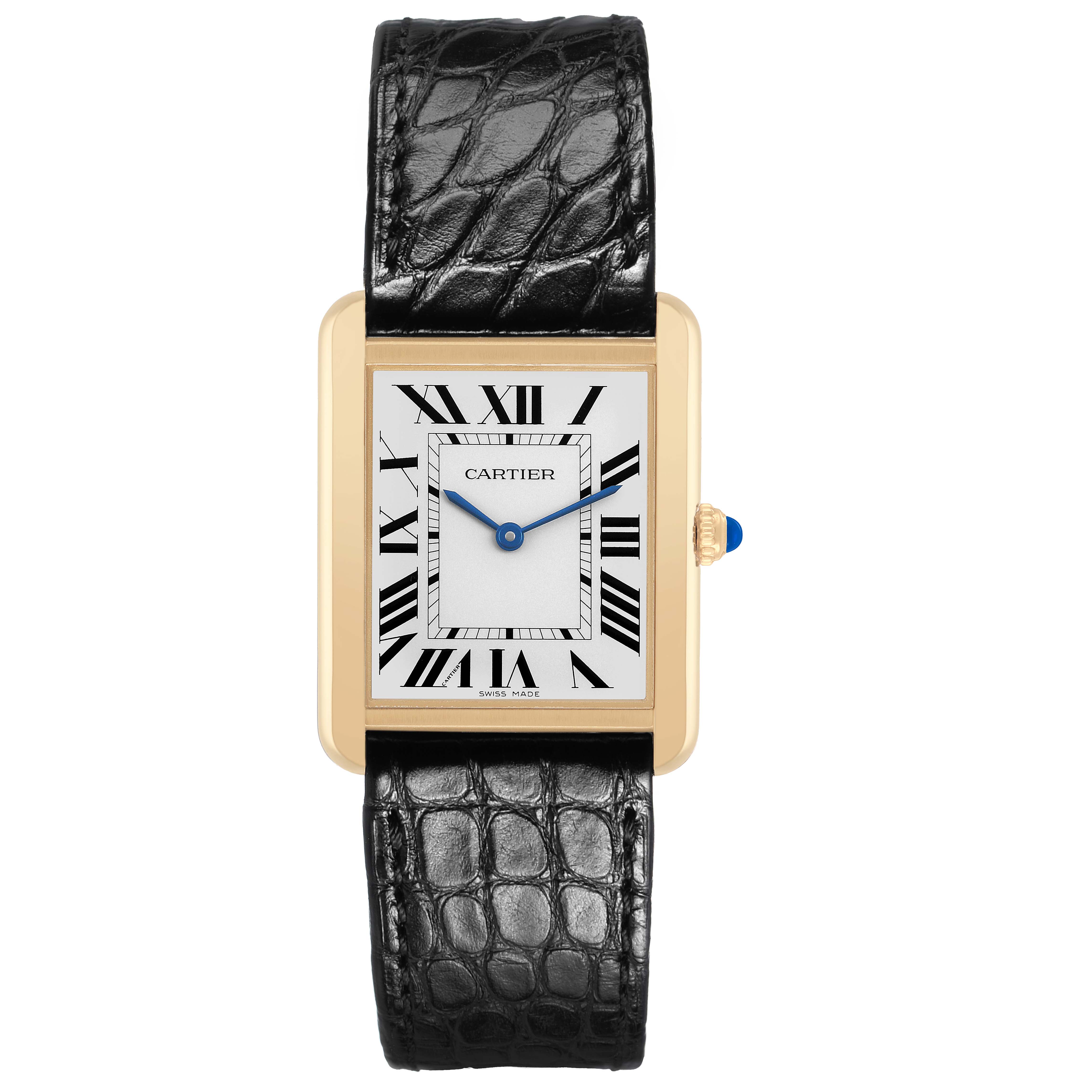 The Cartier Tank Solo W5200004 Men's Yellow Gold Silver Dial watch is shown from the front, highlighting its rectangular dial, Roman numerals, and leather strap.