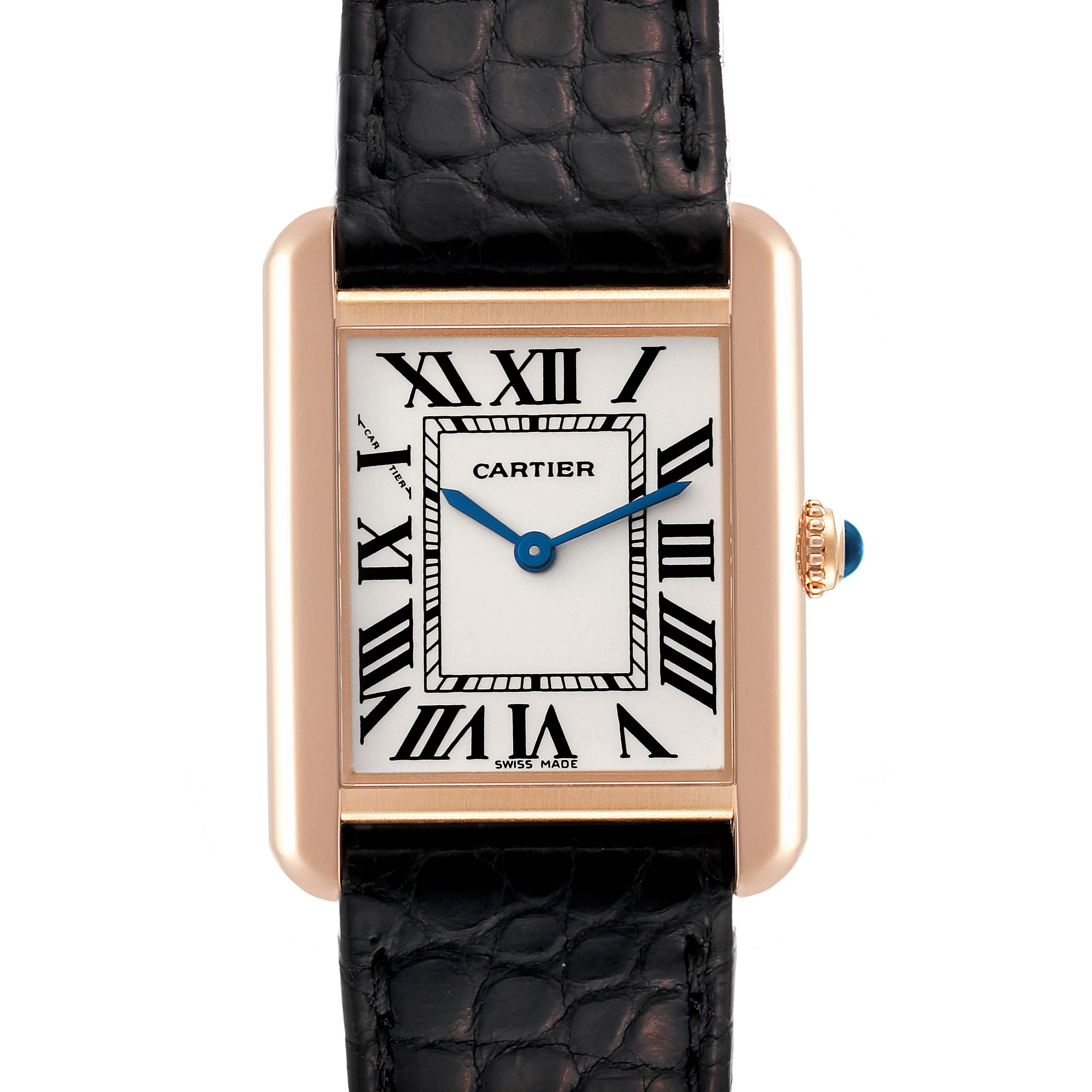 This image shows the front view of a Cartier Tank Solo W5200024 Women's Rose Gold Silver Dial W5200024 Women's Rose Gold Silver Dial watch, displaying its face, hands, Roman numerals, and leather strap.