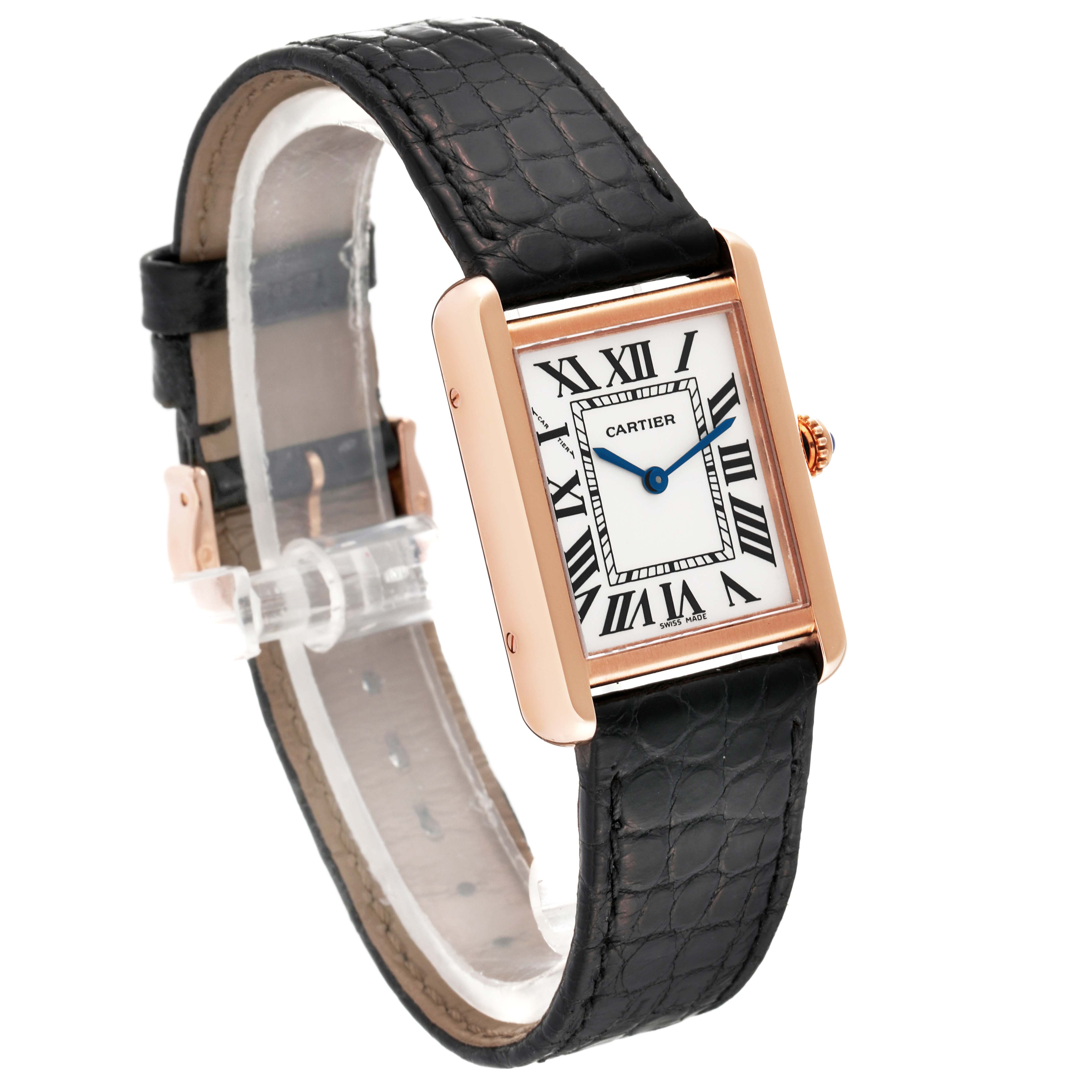 The image shows a front angled view of the Cartier Tank Solo W5200024 Women's Rose Gold Silver Dial W5200024 Women's Rose Gold Silver Dial watch, highlighting its face, strap, and buckle.