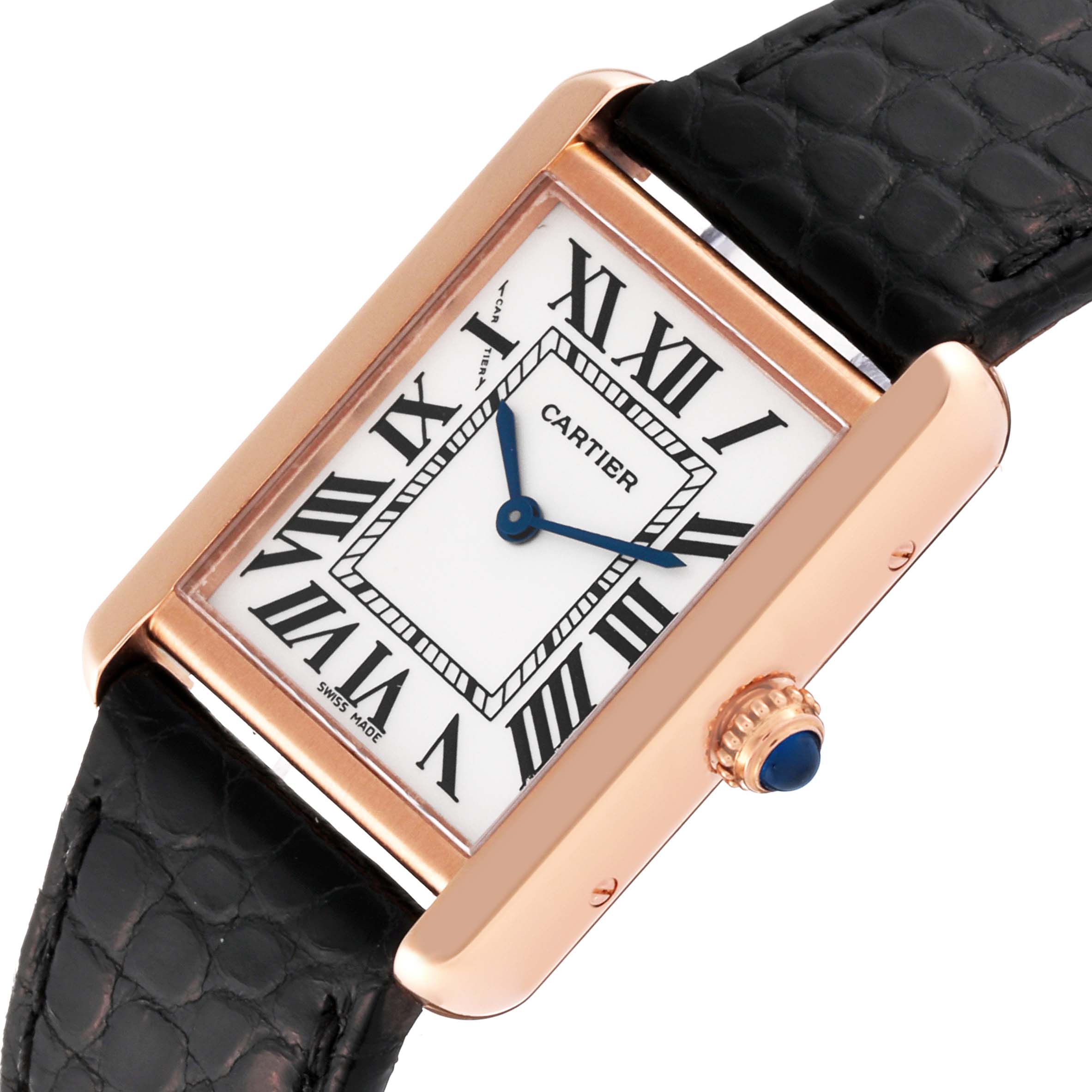 The Tank Solo model by Cartier is shown at an angled view, displaying its rectangular face, Roman numerals, blue hands, rose gold case, and black leather strap.