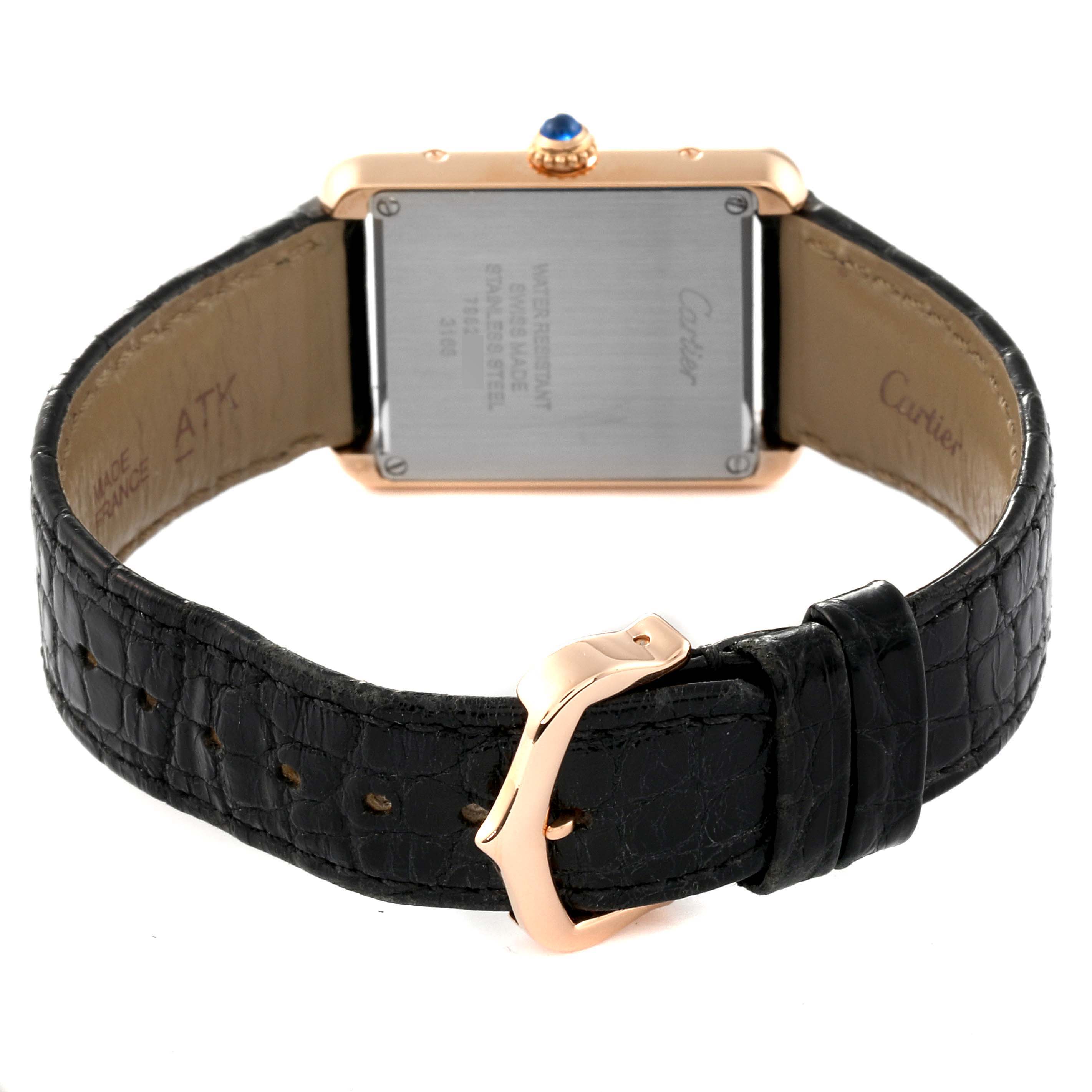 The image shows the back view of a Cartier Tank Solo W5200024 Women's Rose Gold Silver Dial W5200024 Women's Rose Gold Silver Dial watch, highlighting its clasp, strap, and case back.