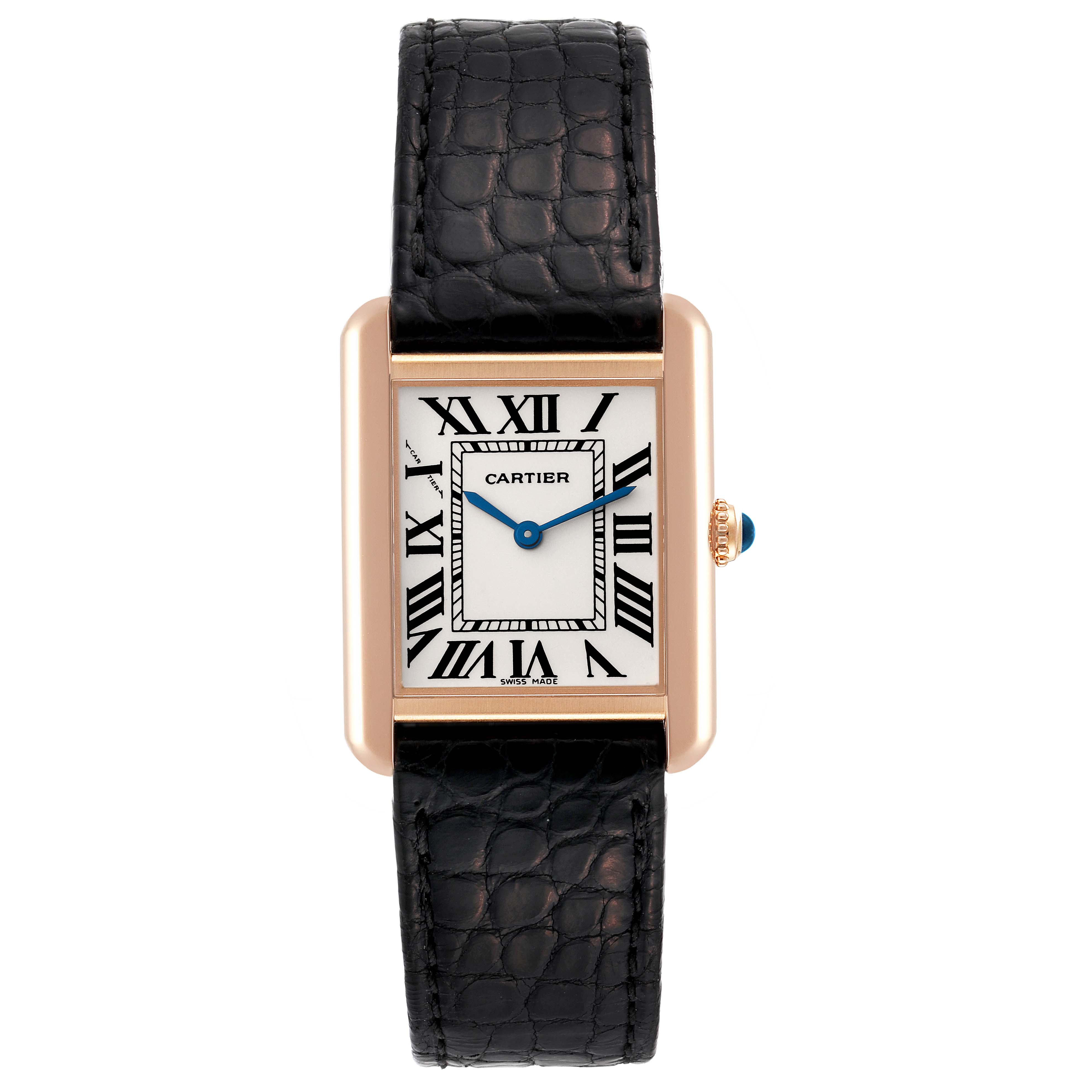 The image shows a Tank Solo model by Cartier from a front view, highlighting its rectangular face, Roman numerals, and black leather strap.
