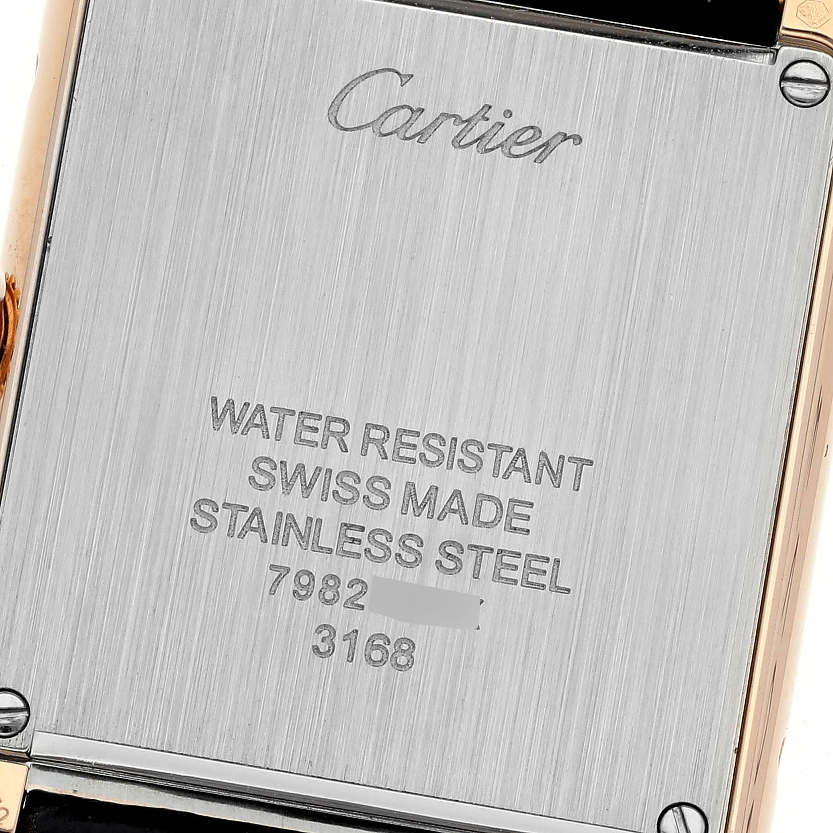 The image shows the back case of the Cartier Tank Solo W5200024 Women's Rose Gold Silver Dial W5200024 Women's Rose Gold Silver Dial watch, displaying its engraved details.