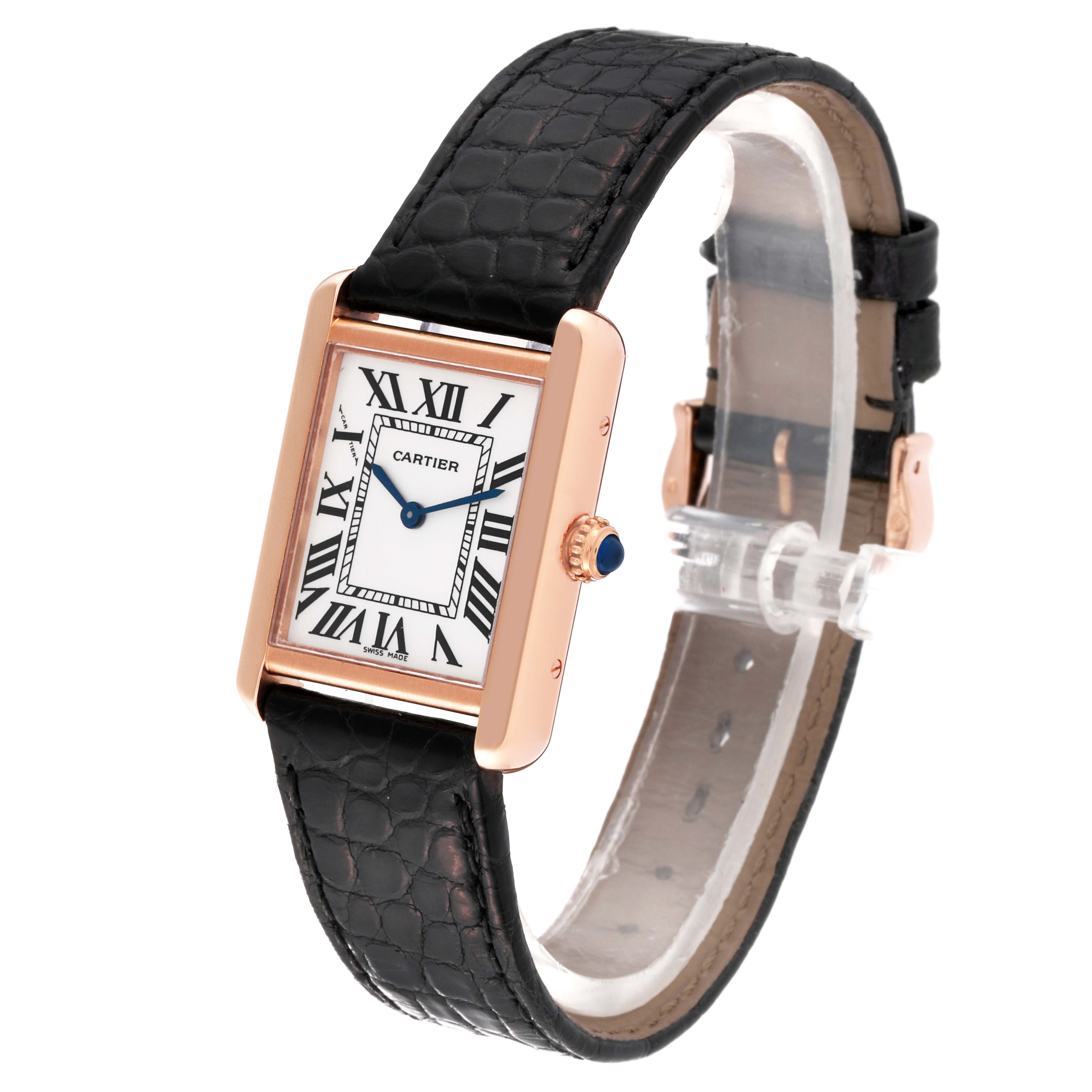 The watch is a Cartier Tank Solo W5200024 Women's Rose Gold Silver Dial W5200024 Women's Rose Gold Silver Dial model shown at a slight angle, highlighting its face, strap, and side crown.