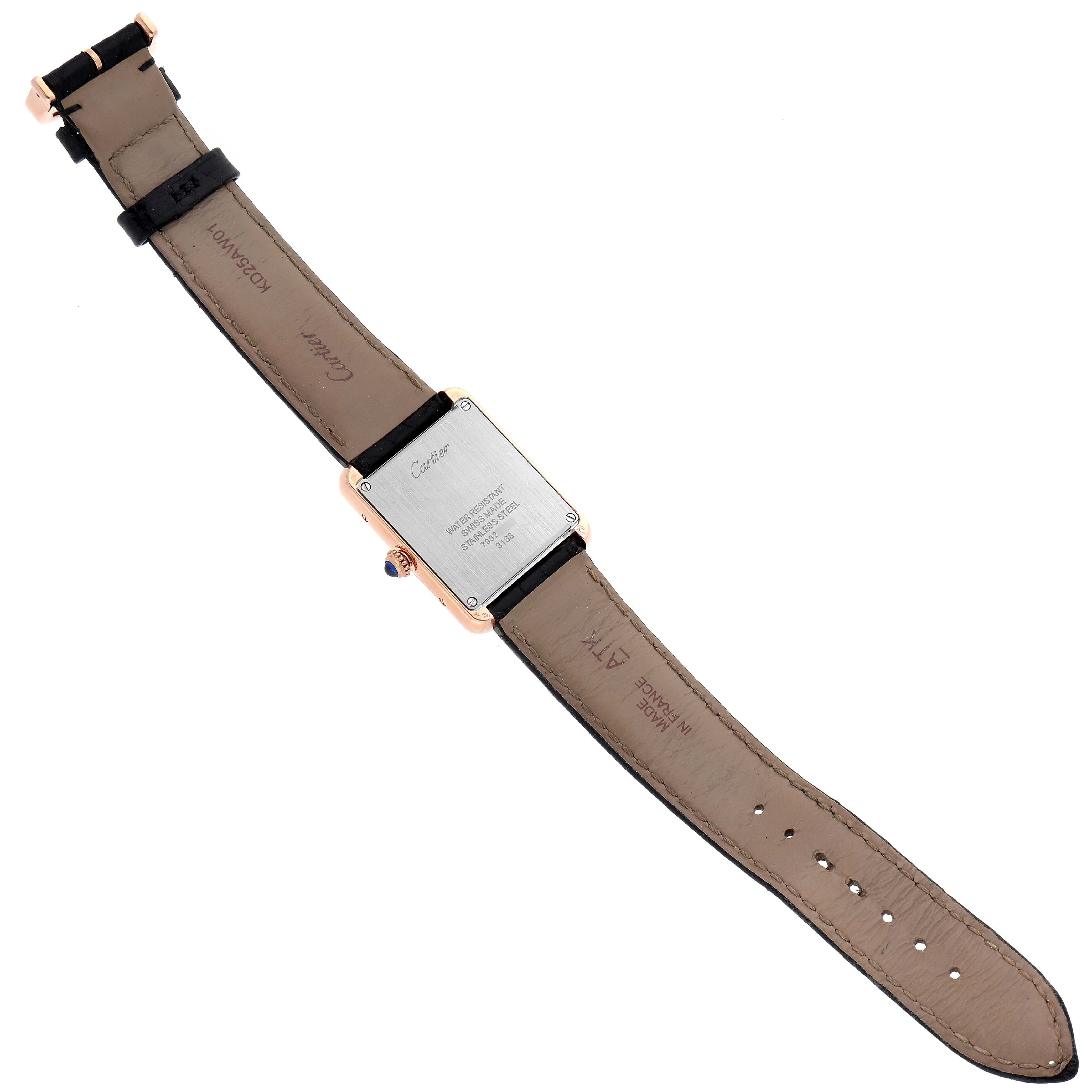 The image shows the back side of the Cartier Tank Solo W5200024 Women's Rose Gold Silver Dial W5200024 Women's Rose Gold Silver Dial watch, highlighting the case back, strap, and buckle.