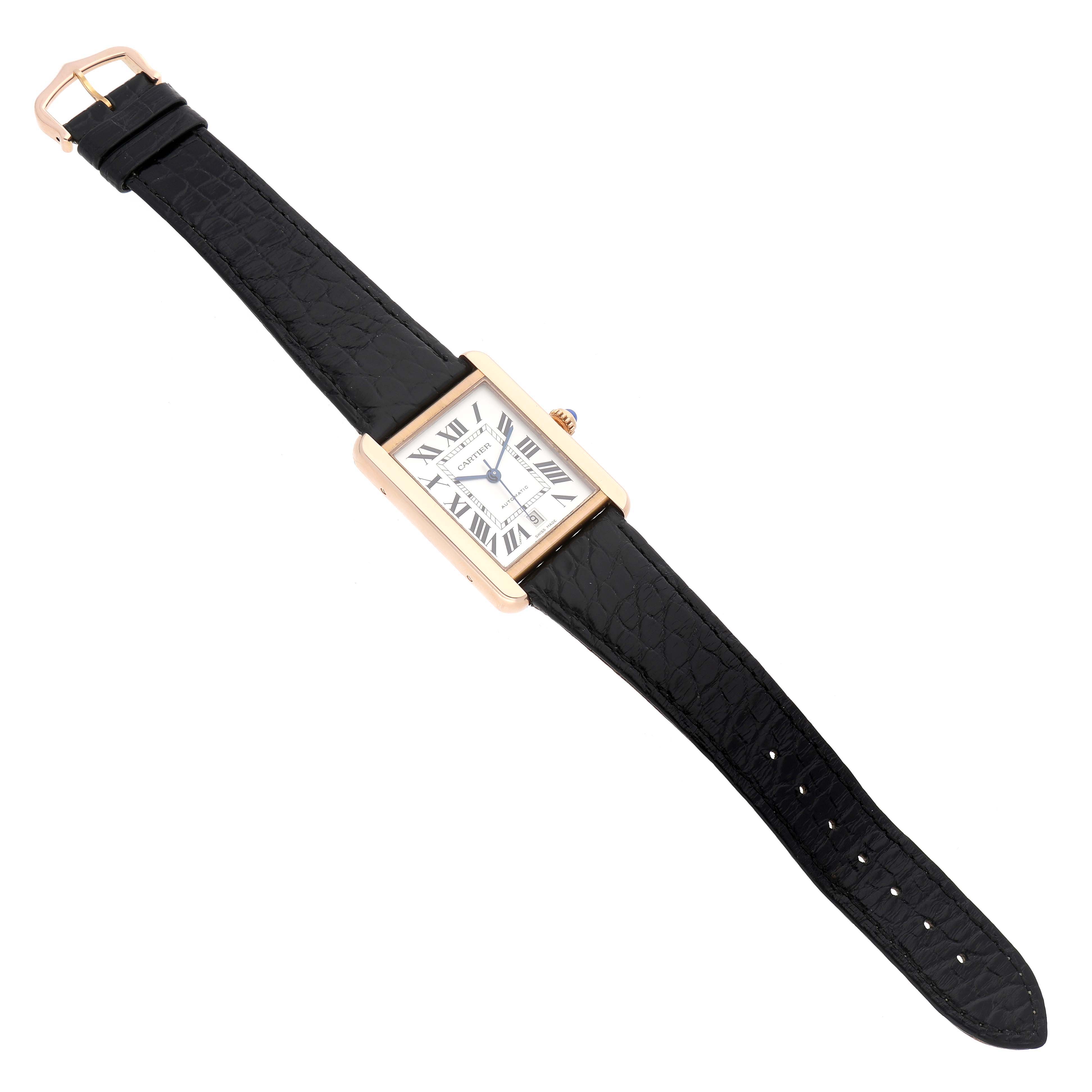 The Cartier Tank Solo W5200026 Men's Rose Gold Silver Dial watch is shown from a top-down angle, displaying the face, case, strap, and buckle.