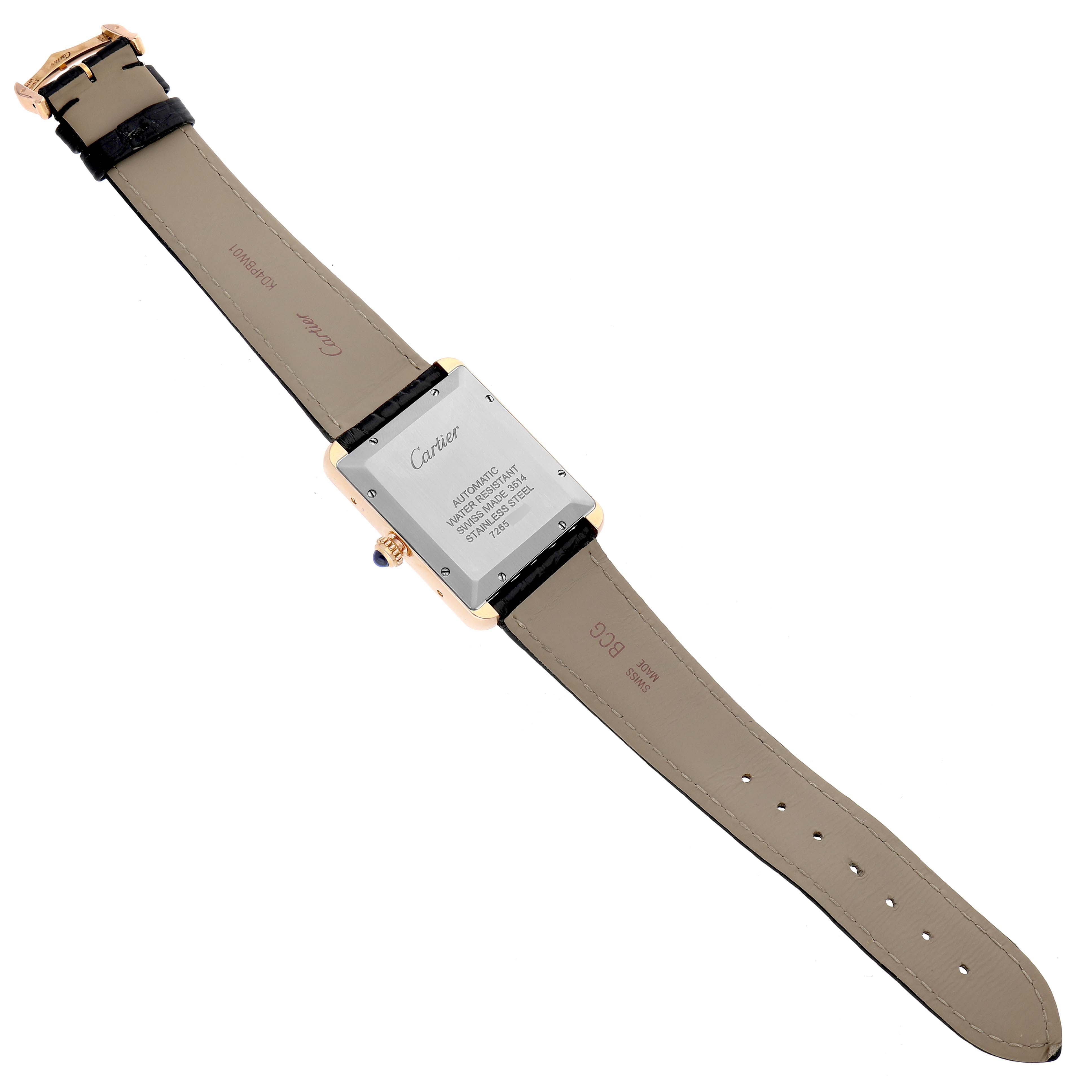 The image shows the back of the Cartier Tank Solo W5200026 Men's Rose Gold Silver Dial watch, highlighting the case back and leather strap.