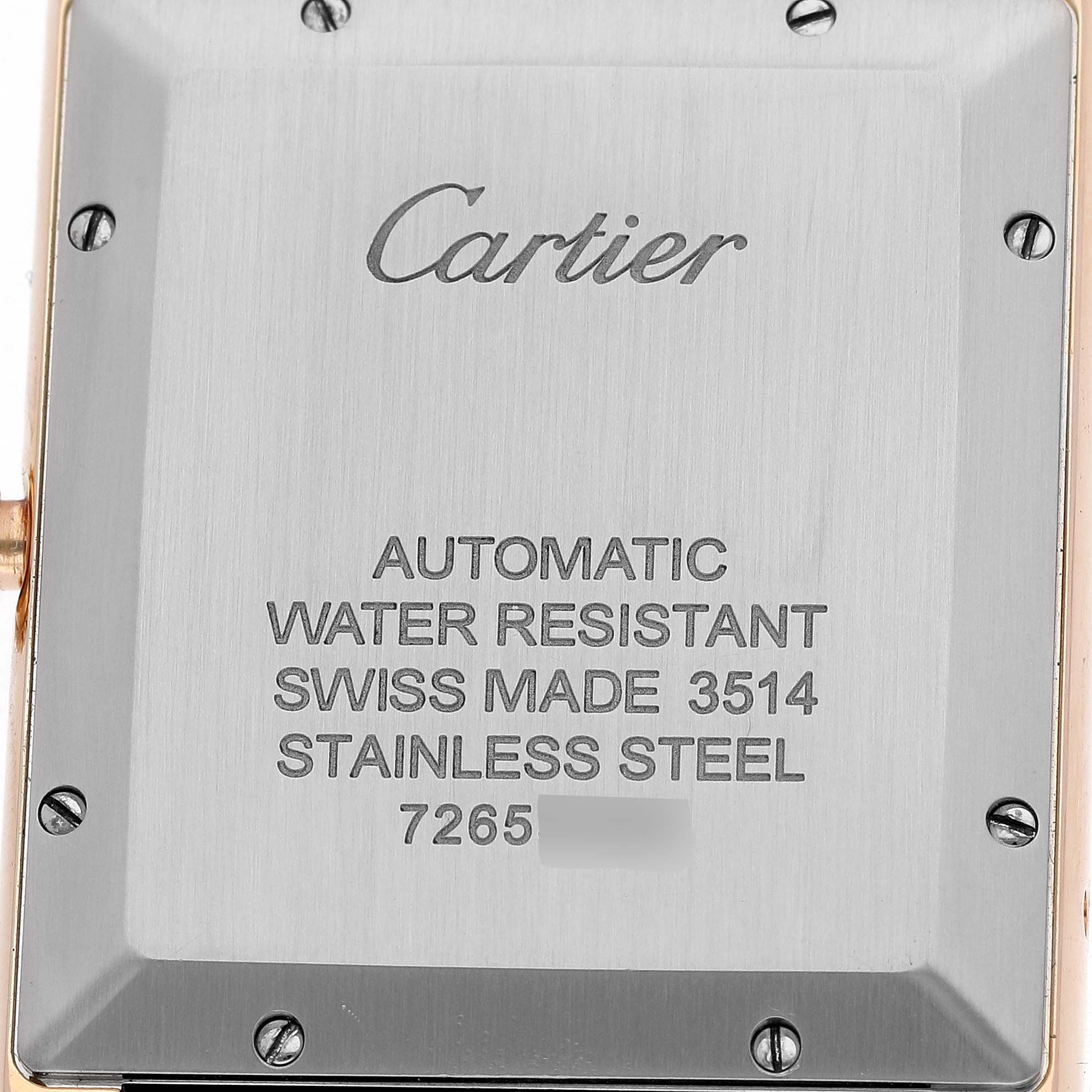 The image shows the case back of the Cartier Tank Solo W5200026 Men's Rose Gold Silver Dial watch, highlighting model details and branding.