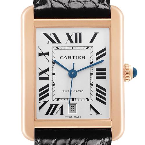 The Cartier Tank Solo W5200026 Men's Rose Gold Silver Dial watch is shown from the front, displaying its rectangular dial, Roman numerals, hands, and leather strap.