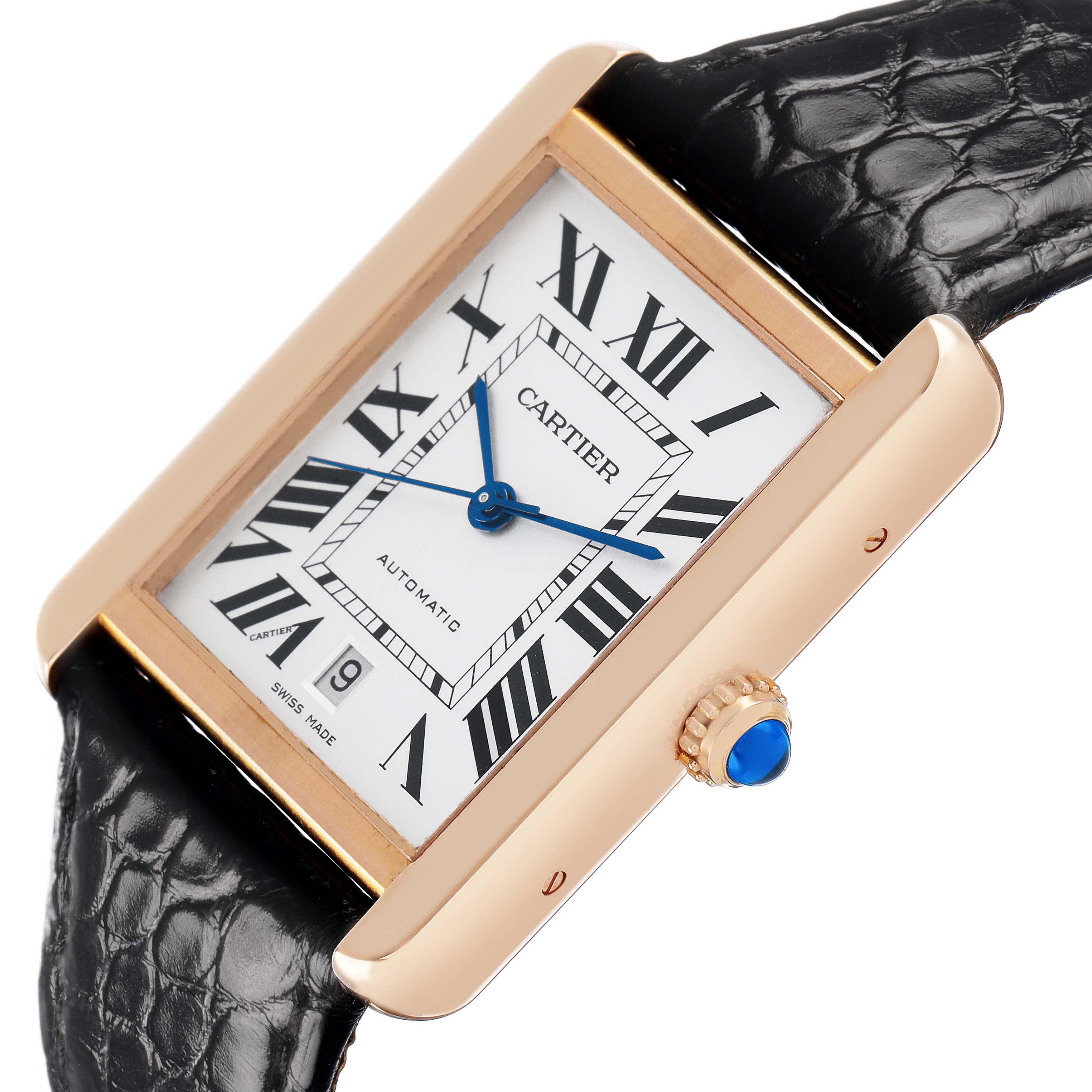 The Cartier Tank Solo W5200026 Men's Rose Gold Silver Dial watch is shown at an angled side view, highlighting the gold case, Roman numerals, blue hands, and black leather strap.