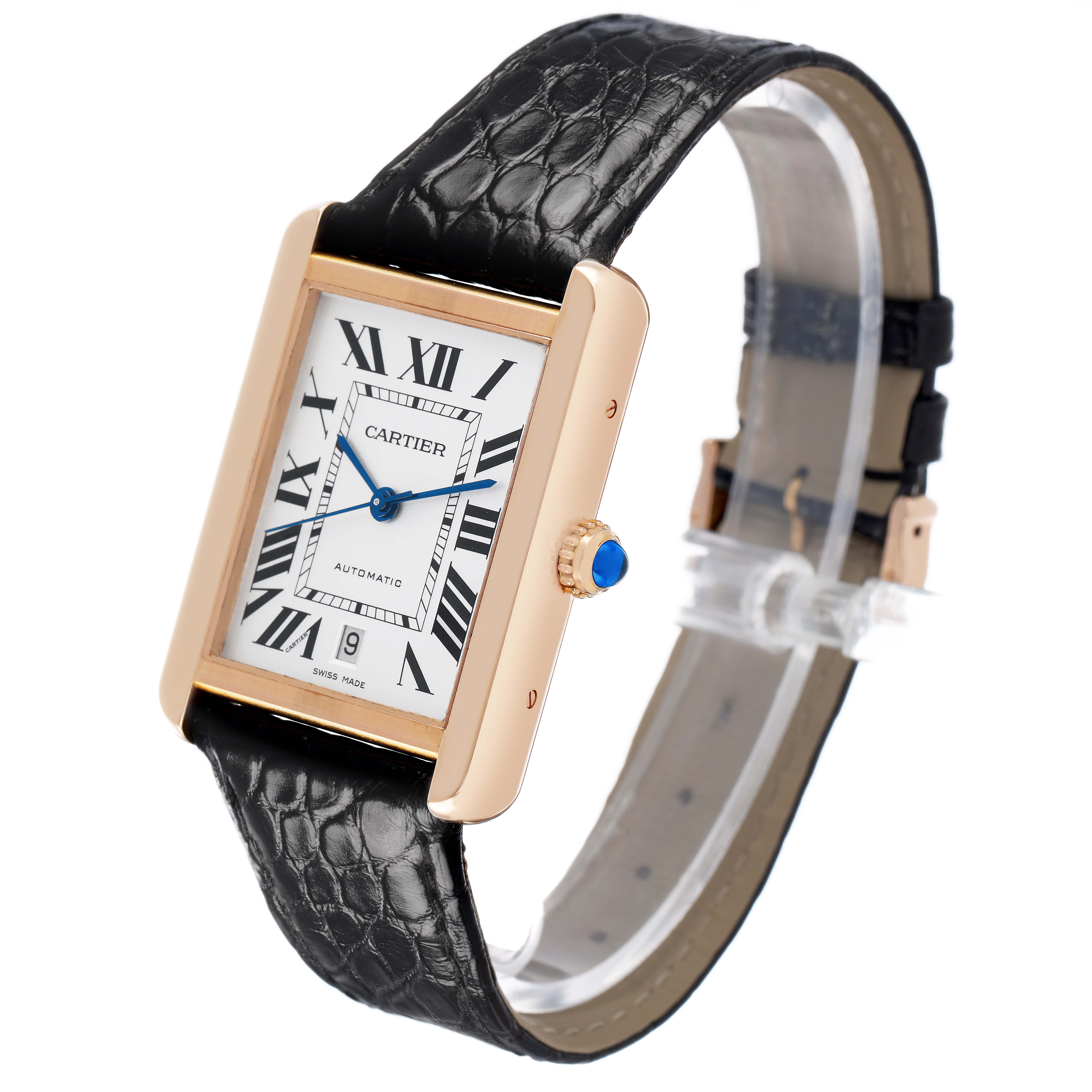 The Cartier Tank Solo W5200026 Men's Rose Gold Silver Dial watch is viewed at a three-quarter angle, showing its face, Roman numeral dial, and black leather strap.