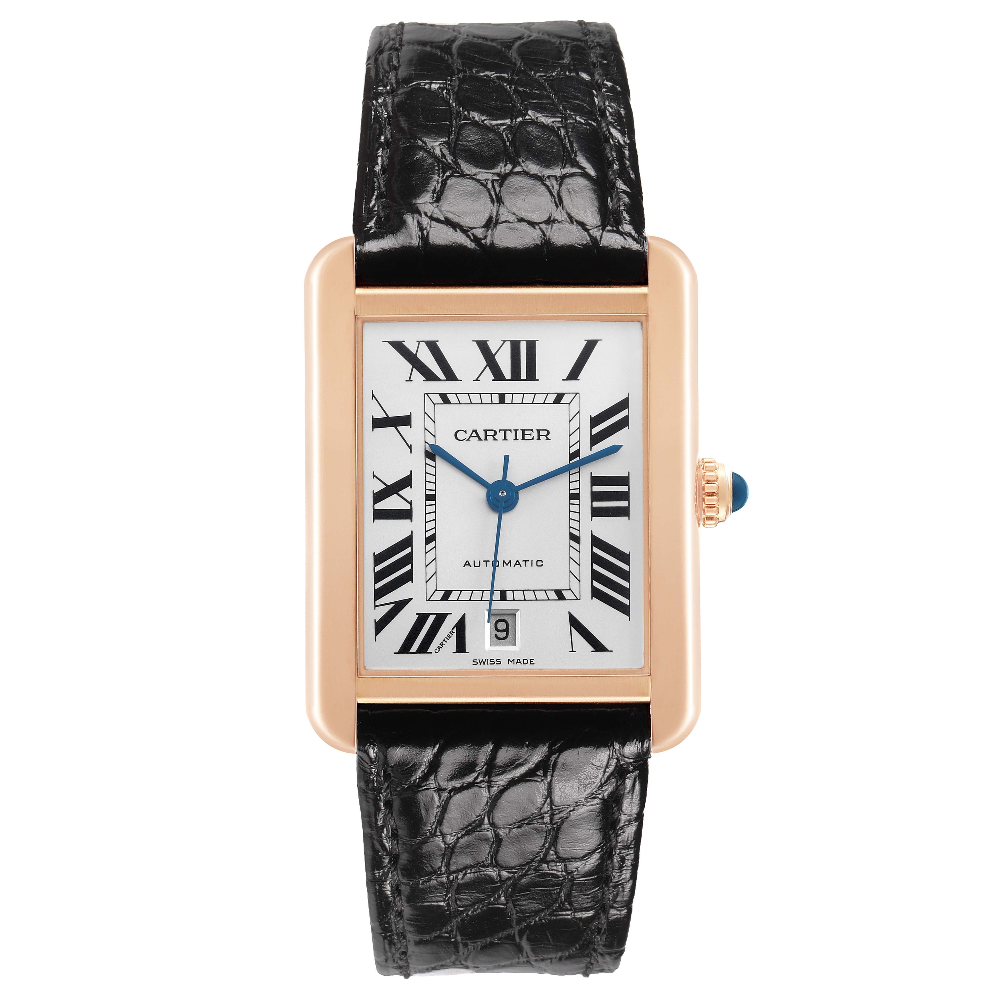 The Cartier Tank Solo W5200026 Men's Rose Gold Silver Dial watch is shown from the front, displaying the watch face, Roman numerals, and the black leather strap.
