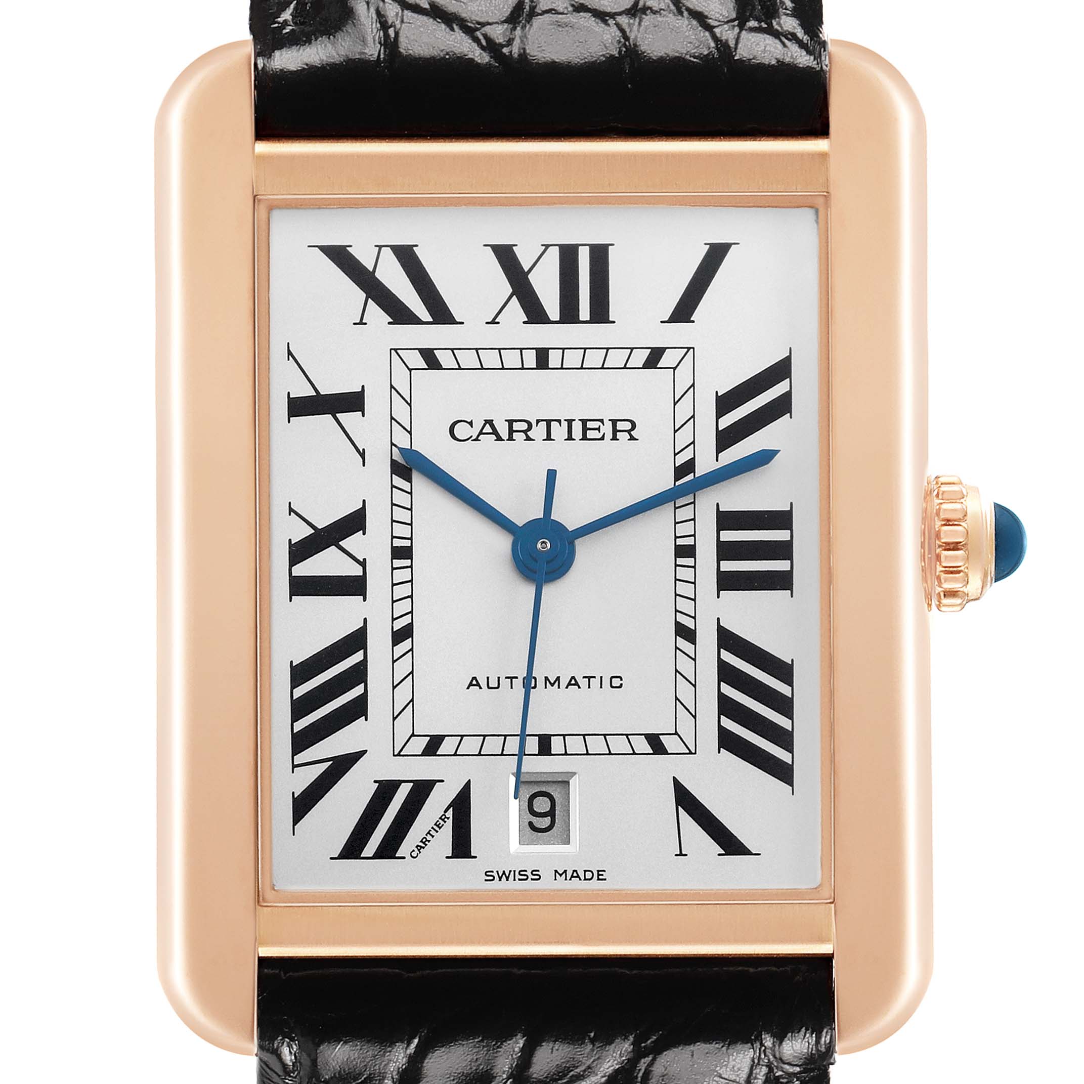 The Cartier Tank Solo W5200026 Men's Rose Gold Silver Dial watch is shown from the front, displaying its dial, case, hands, Roman numerals, and crown with a blue cabochon.