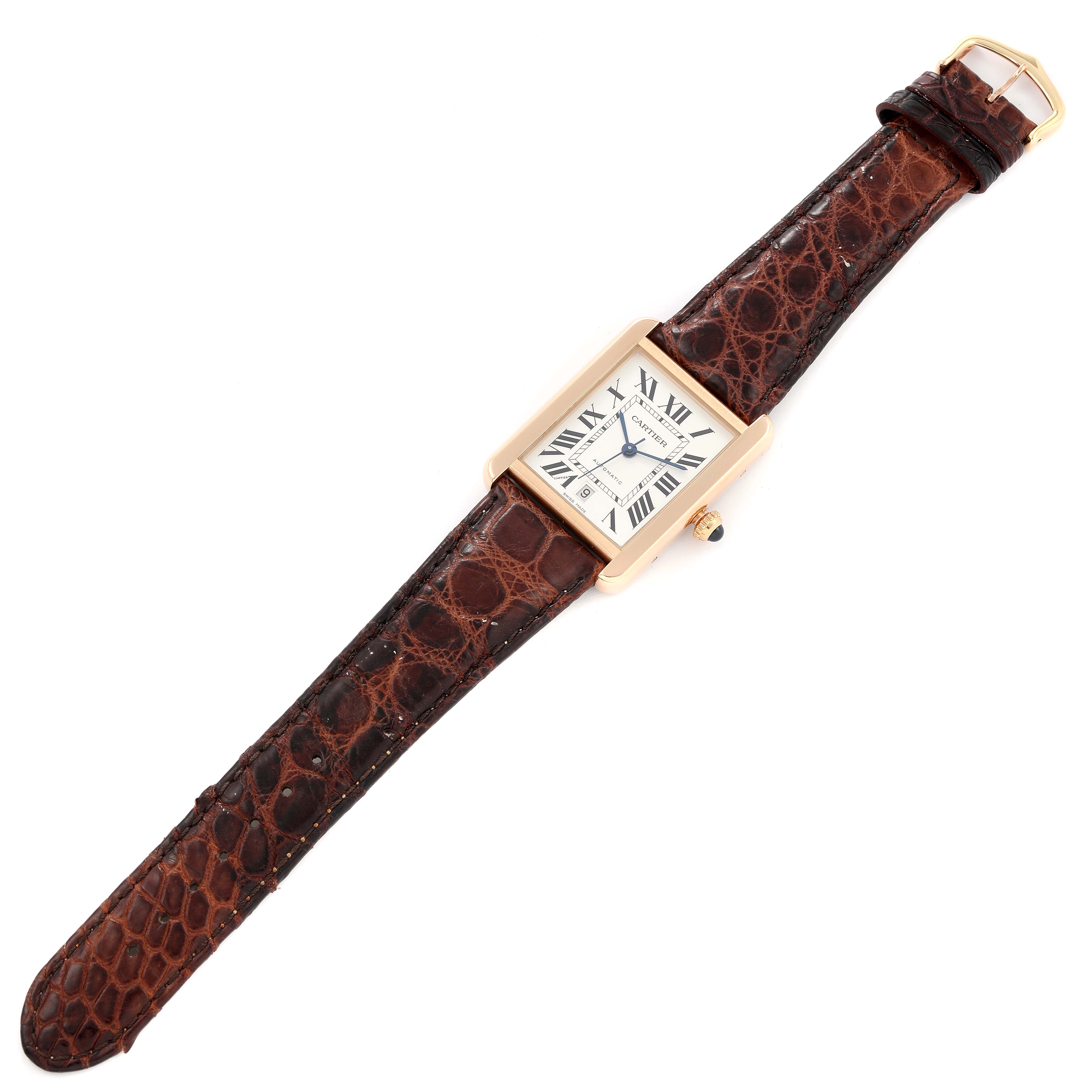 The Cartier Tank Solo W5200026 Men's Rose Gold Silver Dial W5200026 Men's Rose Gold Silver Dial watch is displayed flat, showing the face, brown leather strap, and a gold-tone rectangular case.