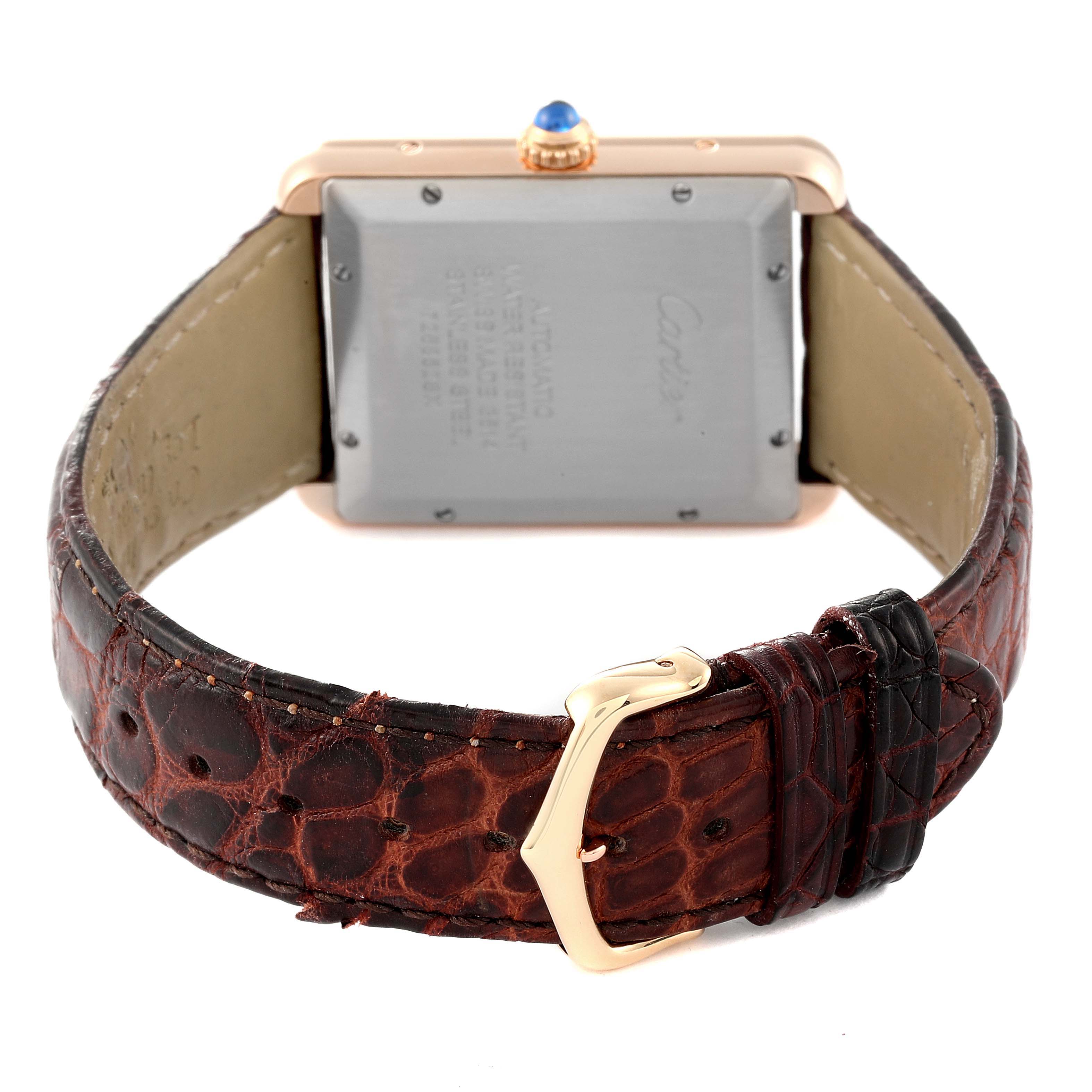 The image shows the back and strap of the Cartier Tank Solo W5200026 Men's Rose Gold Silver Dial W5200026 Men's Rose Gold Silver Dial watch, highlighting the buckle and case back.