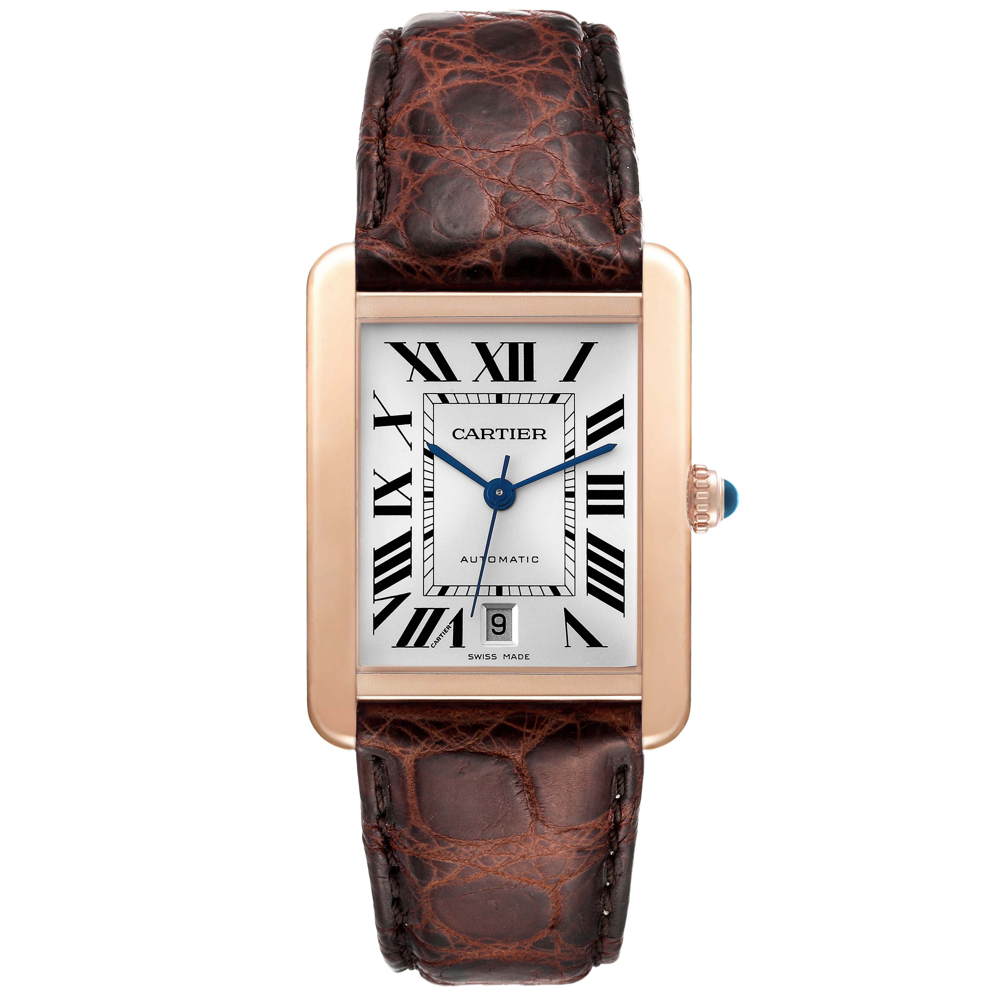 This image shows a front view of the Tank Solo watch by Cartier, featuring a brown leather strap and rectangular dial.