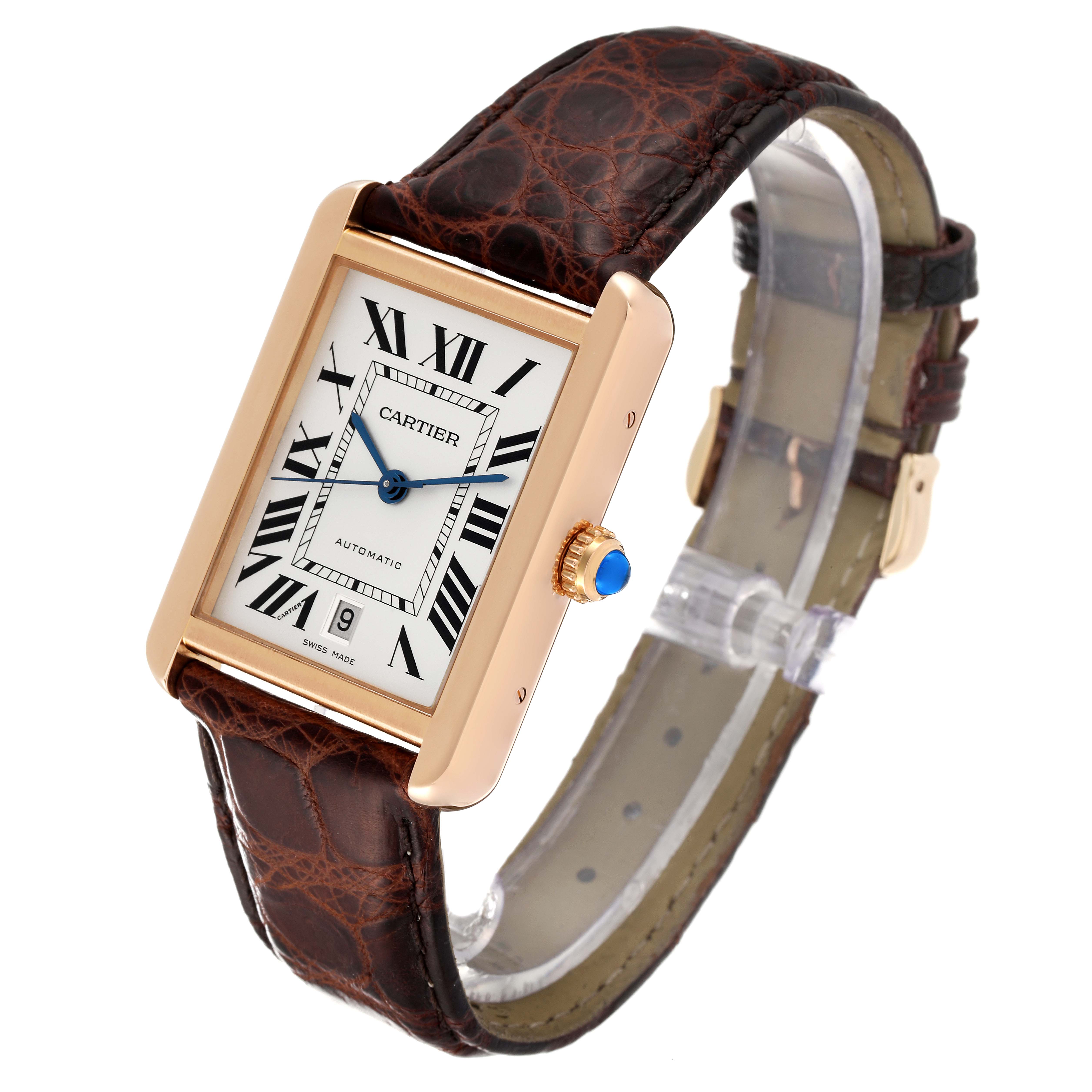 This image shows a Cartier Tank Solo W5200026 Men's Rose Gold Silver Dial W5200026 Men's Rose Gold Silver Dial watch at an angle displaying the face, crown, and leather strap.