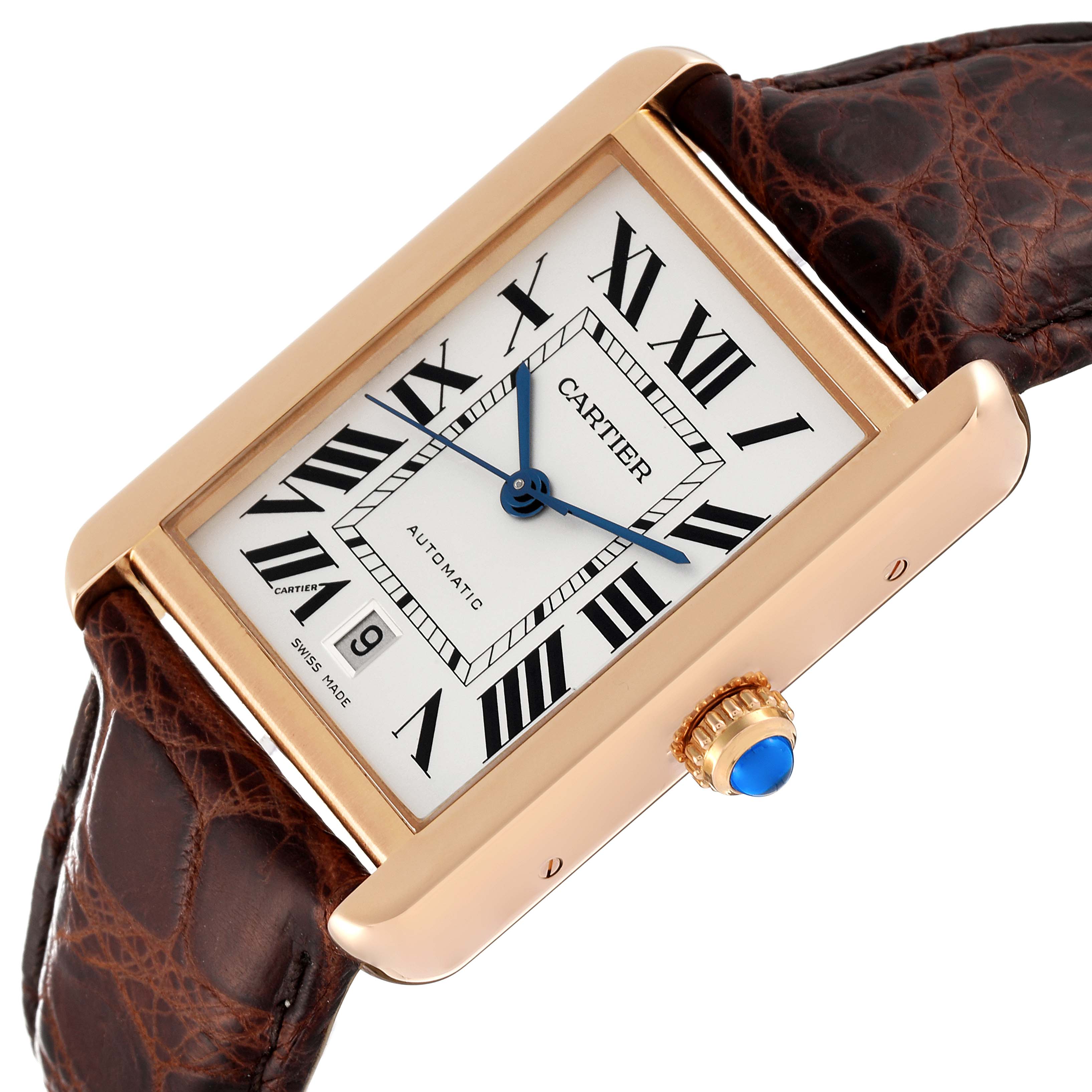 The Cartier Tank Solo W5200026 Men's Rose Gold Silver Dial W5200026 Men's Rose Gold Silver Dial watch is shown at a slight angle, highlighting its dial, Roman numerals, date display, leather strap, and crown.