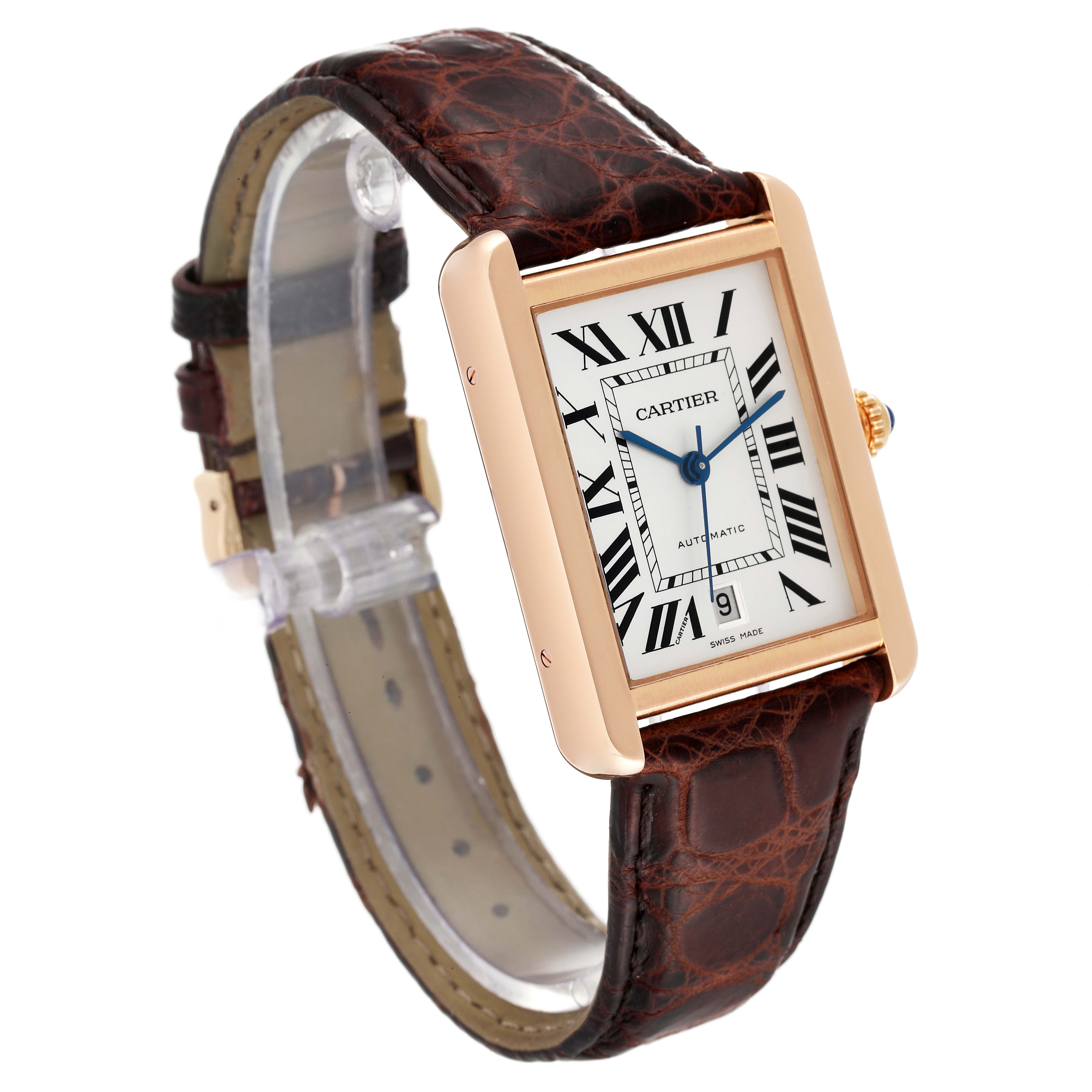This image displays a Cartier Tank Solo W5200026 Men's Rose Gold Silver Dial W5200026 Men's Rose Gold Silver Dial watch from an angled front view, highlighting its rectangular face, Roman numerals, and brown leather strap.