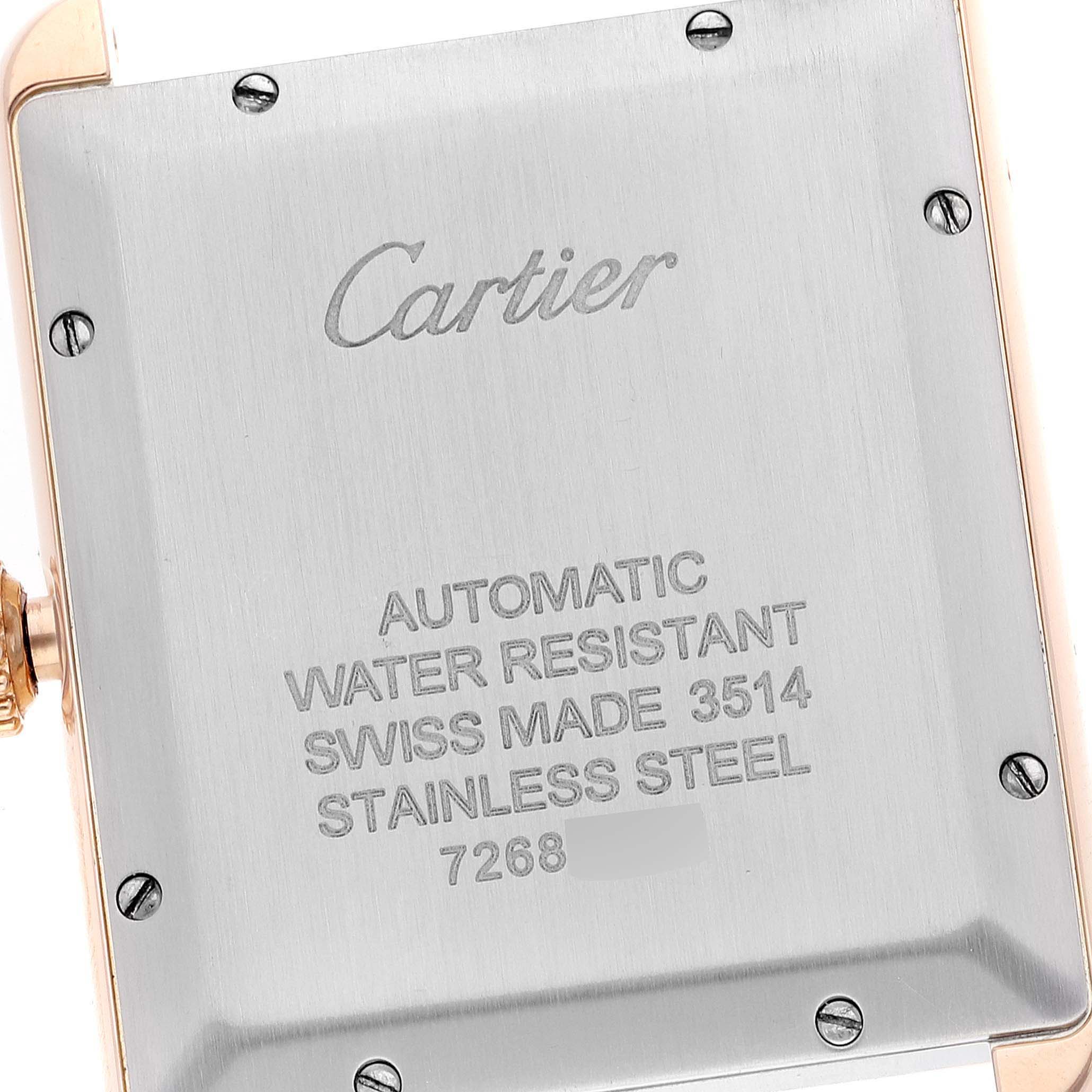 This image shows the back cover of a Cartier Tank Solo W5200026 Men's Rose Gold Silver Dial W5200026 Men's Rose Gold Silver Dial watch, displaying its specifications.