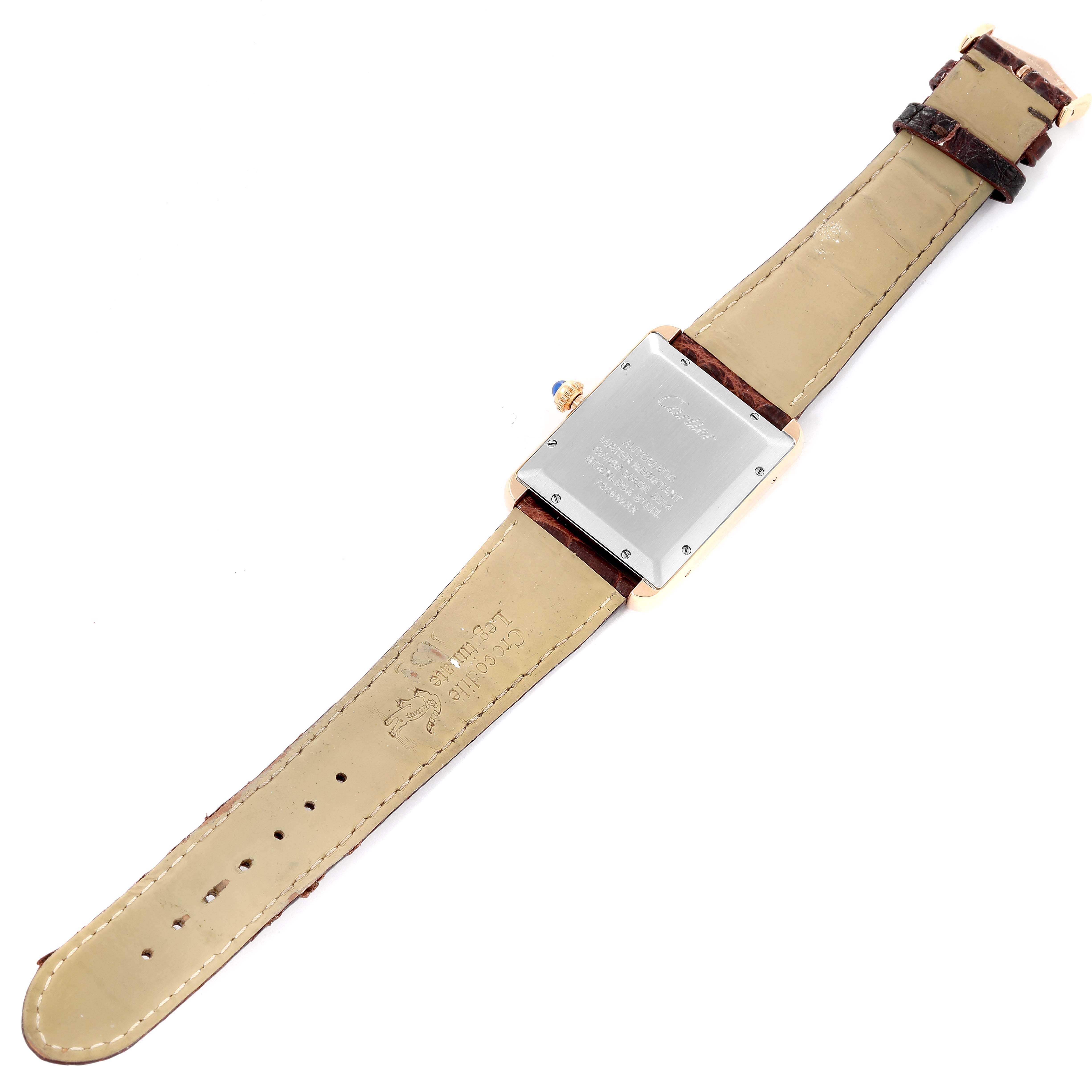 The image shows the back casing and strap of a Cartier Tank Solo W5200026 Men's Rose Gold Silver Dial W5200026 Men's Rose Gold Silver Dial watch laid flat.