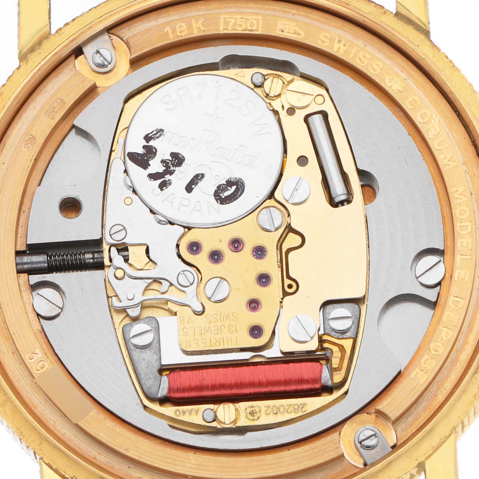 The image shows the internal movement of the Corum 5014856 V41 Women's Yellow Gold Champagne Dial 5014856 V41 Women's Yellow Gold Champagne Dial Coin 10 Dollars Double Eagle Yellow Gold Ladies Watch, 1892 model, from the back.