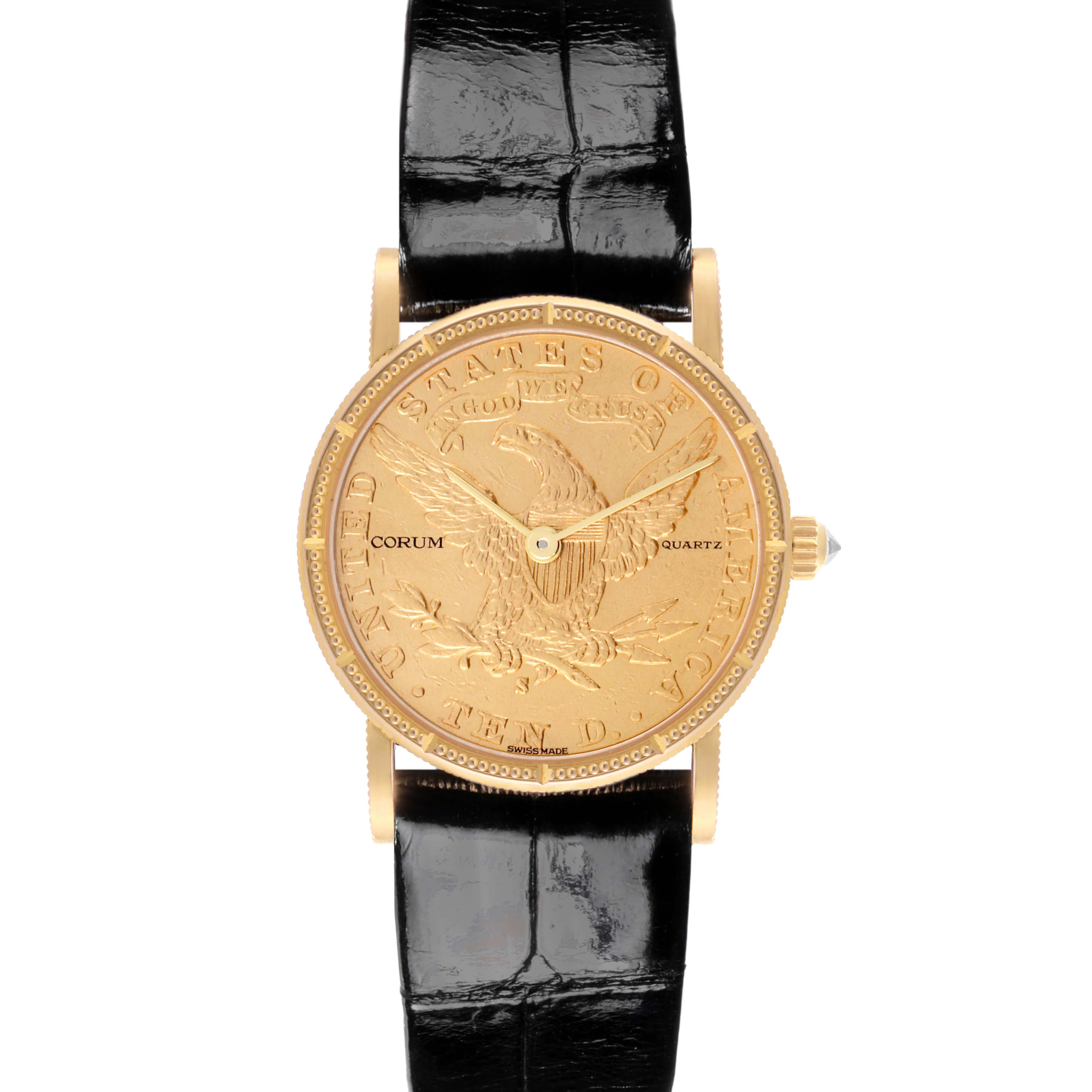 The Corum 5014856 V41 Women's Yellow Gold Champagne Dial 5014856 V41 Women's Yellow Gold Champagne Dial Coin 10 Dollars Double Eagle Yellow Gold Ladies Watch 1892 is shown from the front, displaying its entire face and black leather strap.