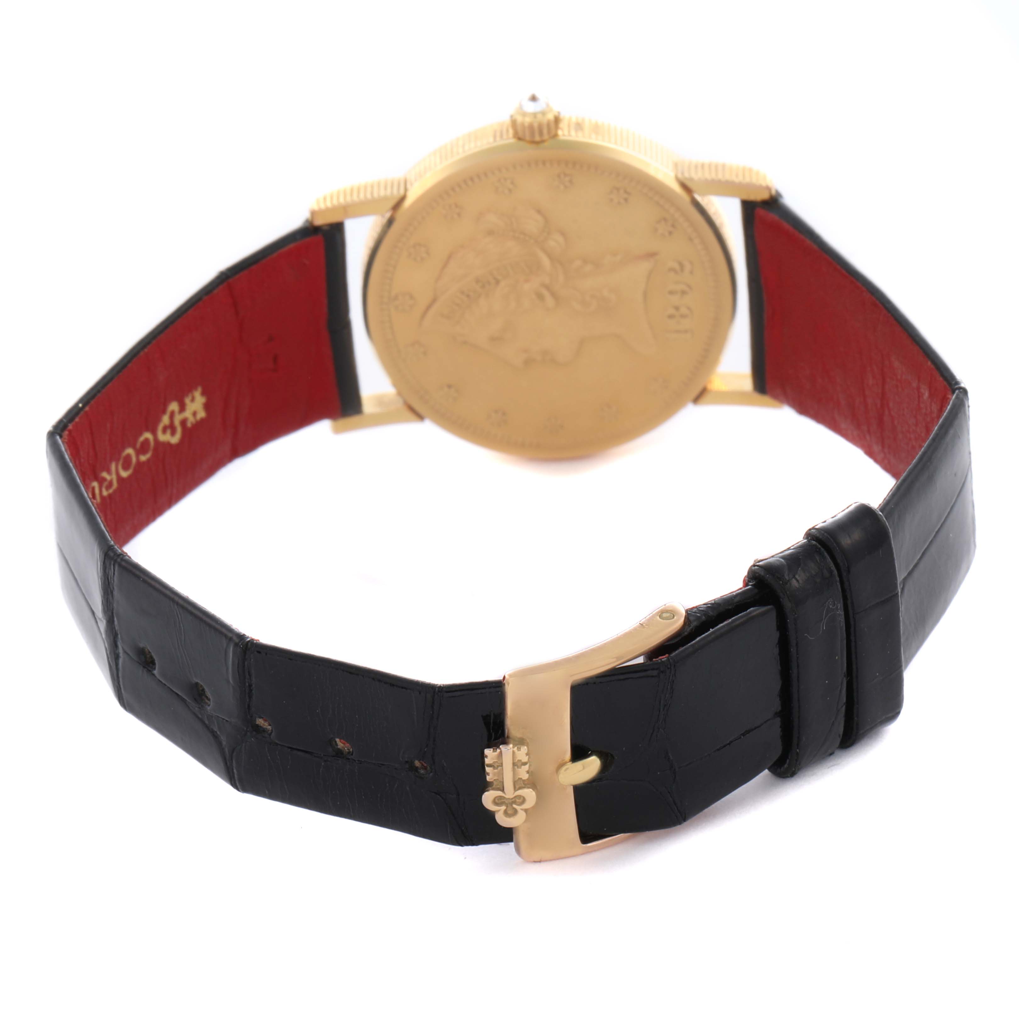 The image shows the Corum 5014856 V41 Women's Yellow Gold Champagne Dial 5014856 V41 Women's Yellow Gold Champagne Dial Coin 10 Dollars Double Eagle 1892 model from the back, highlighting the gold case and black strap.