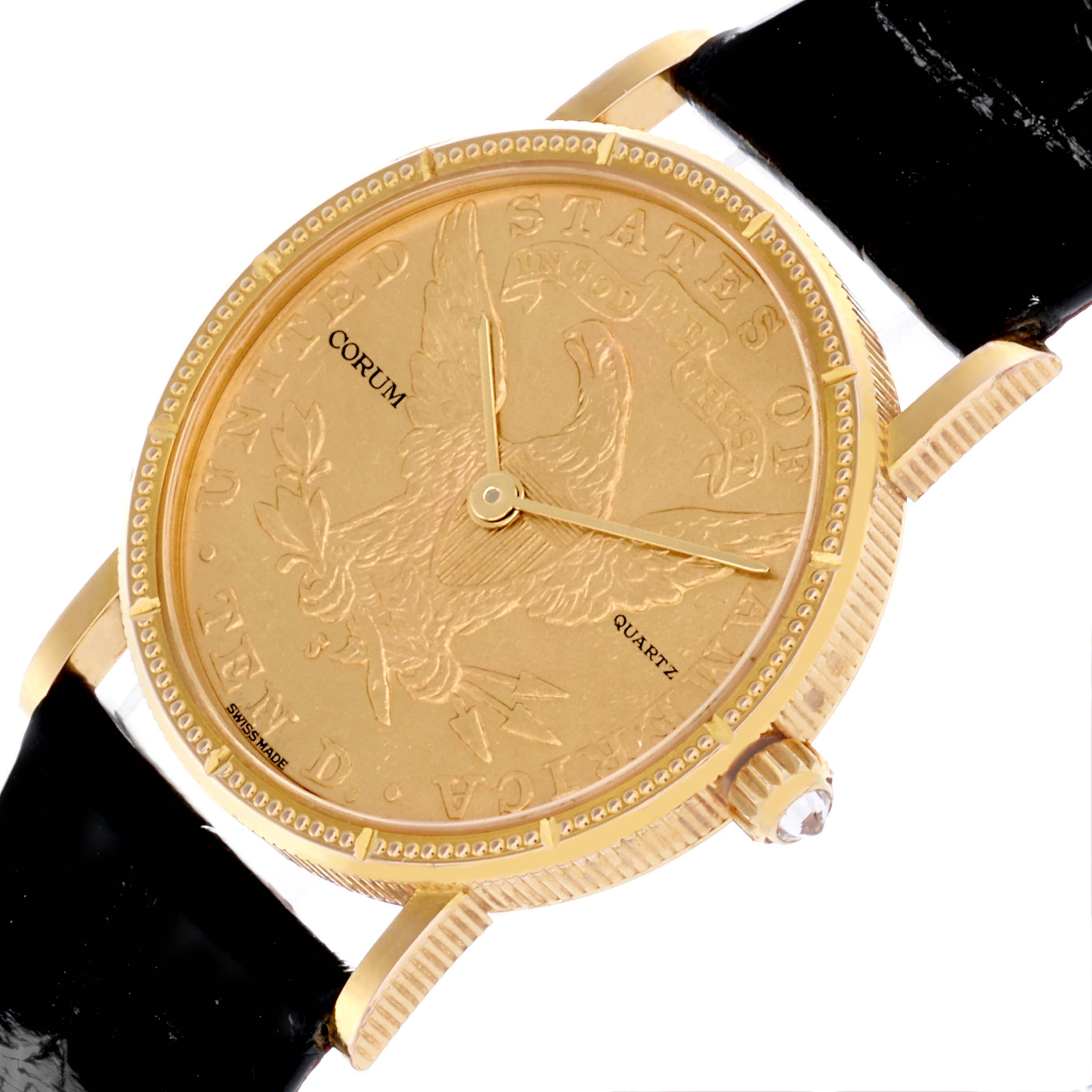 The Corum 5014856 V41 Women's Yellow Gold Champagne Dial 5014856 V41 Women's Yellow Gold Champagne Dial Coin 10 Dollars Double Eagle Yellow Gold Ladies Watch 1892 model is shown from a top view, highlighting the face, bezel, and crown.