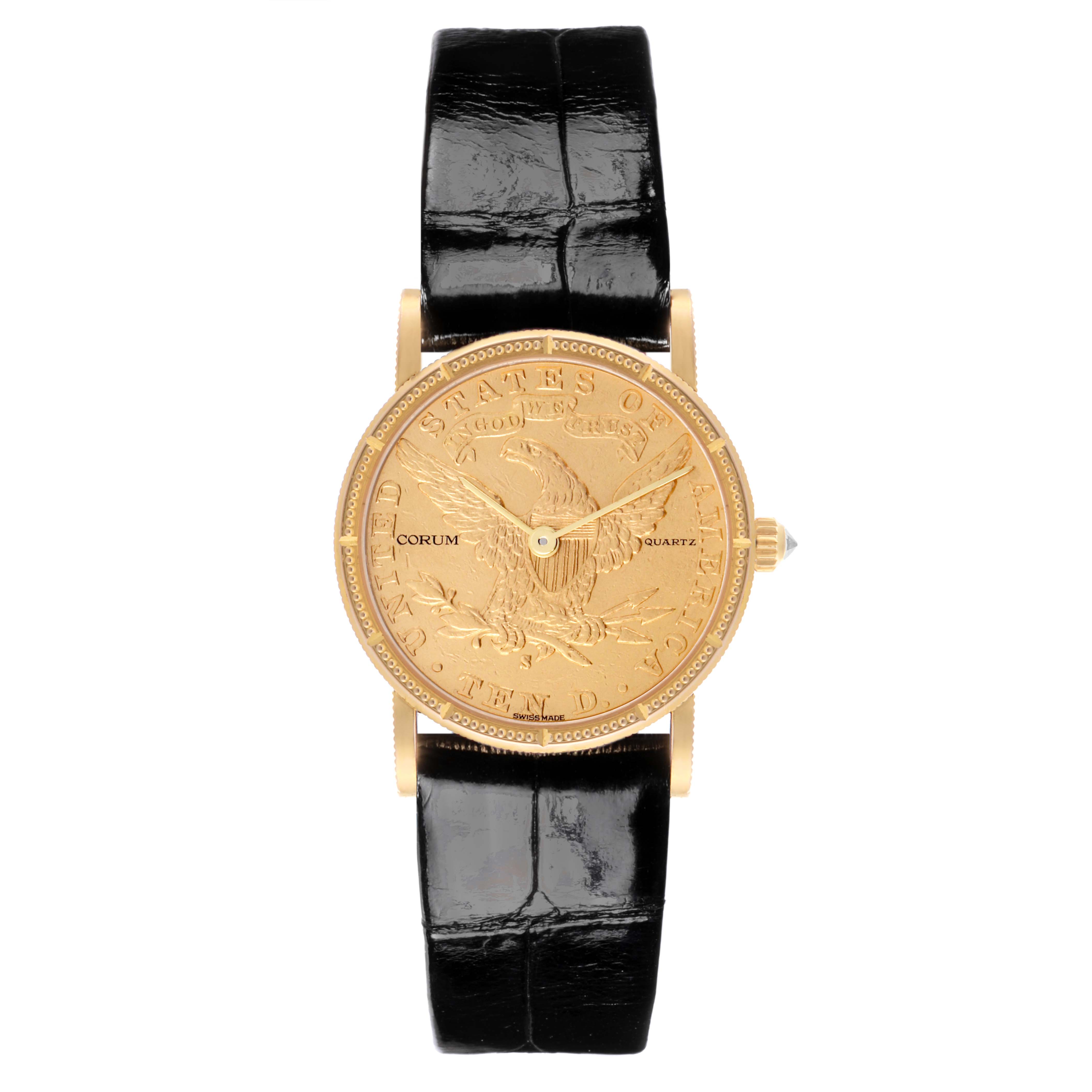 The Corum 5014856 V41 Women's Yellow Gold Champagne Dial 5014856 V41 Women's Yellow Gold Champagne Dial Coin 10 Dollars Double Eagle Yellow Gold Ladies Watch 1892 model is shown from a front angle, displaying the dial and strap.