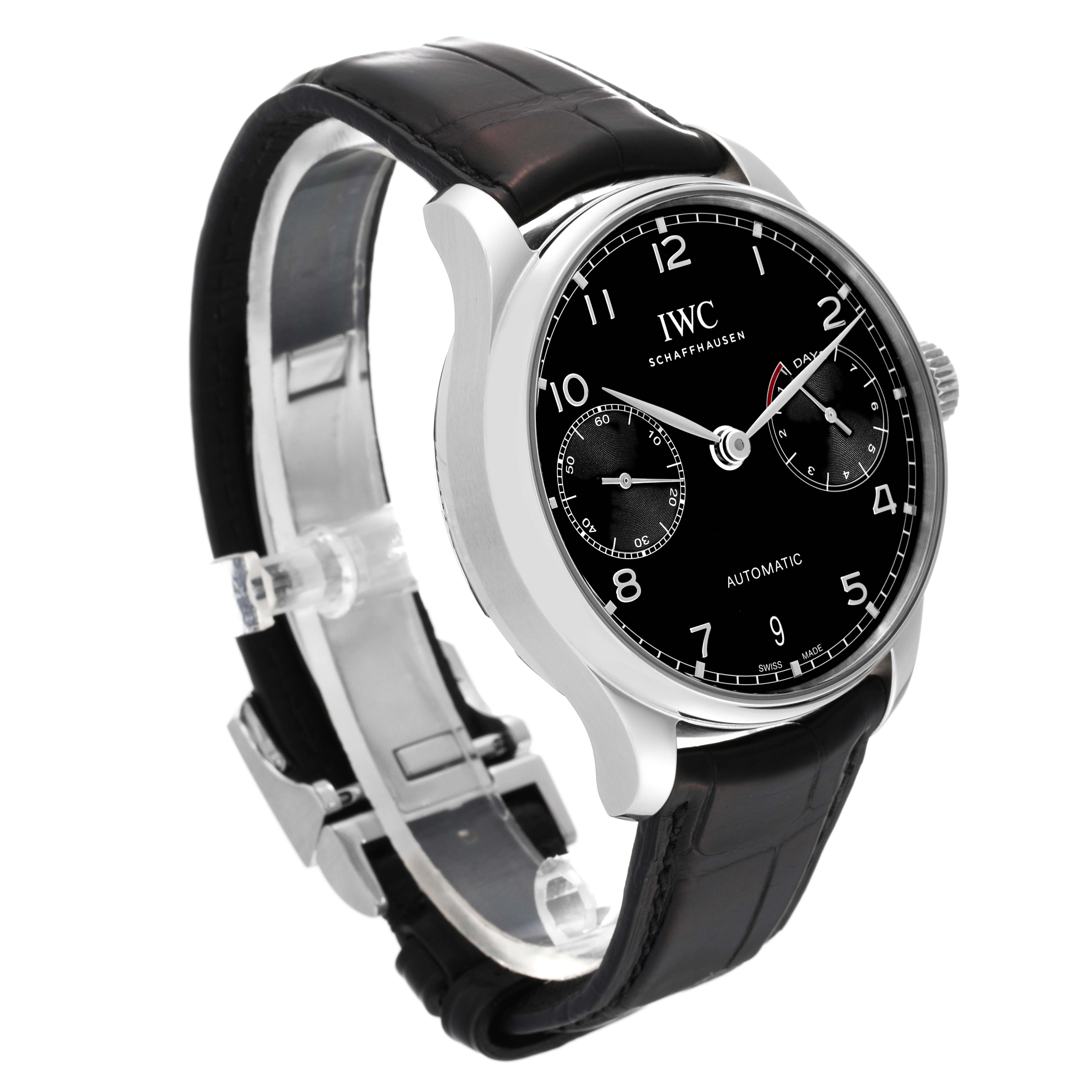 The IWC Portuguese IW500703 Men's Stainless Steel Black Dial IW500703 Men's Stainless Steel Black Dial watch is shown at a slight angle from the front, displaying the dial, case, lugs, and part of the leather strap.