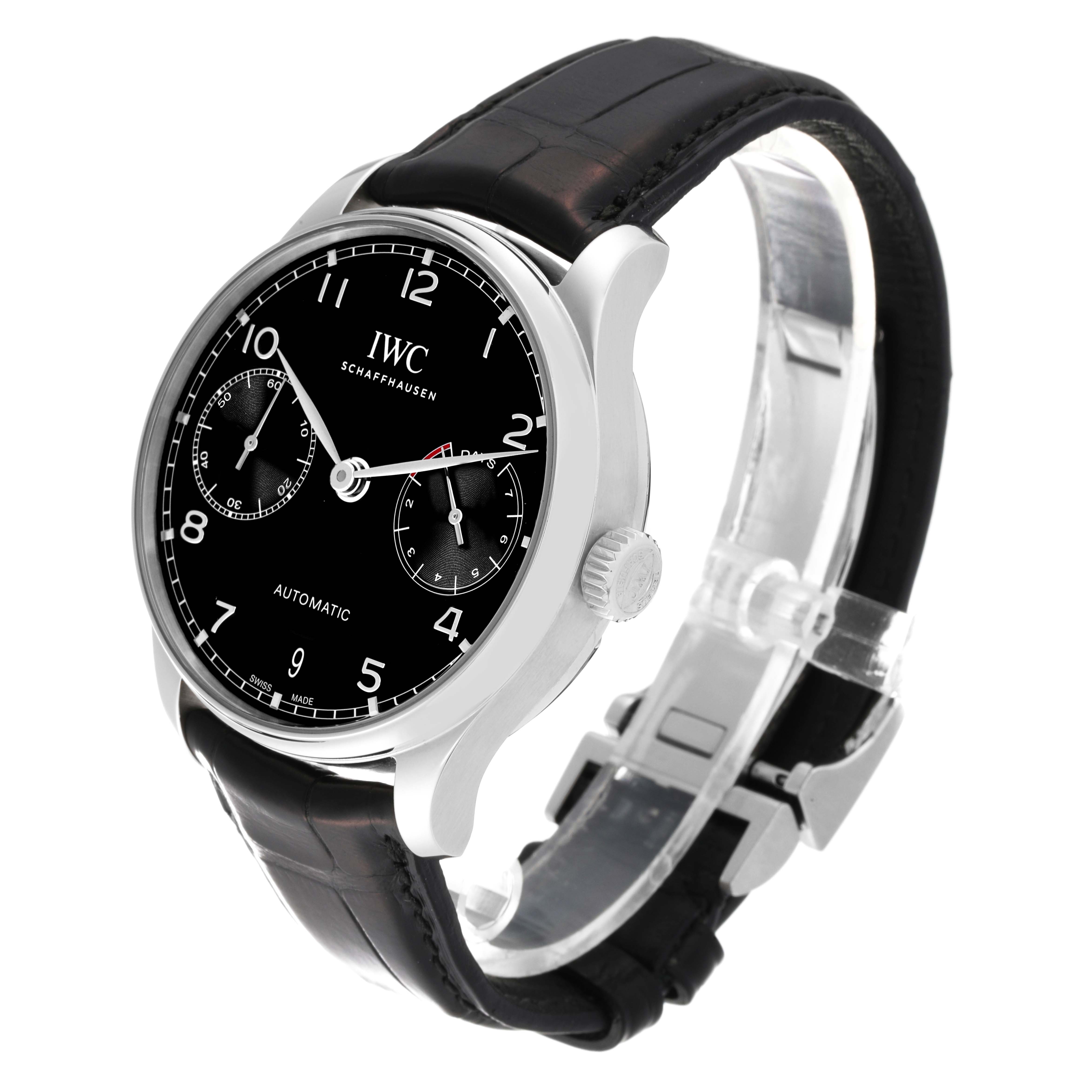 This image shows an IWC Portuguese IW500703 Men's Stainless Steel Black Dial IW500703 Men's Stainless Steel Black Dial model watch from a front angle, displaying its black dial, case, and black leather strap.
