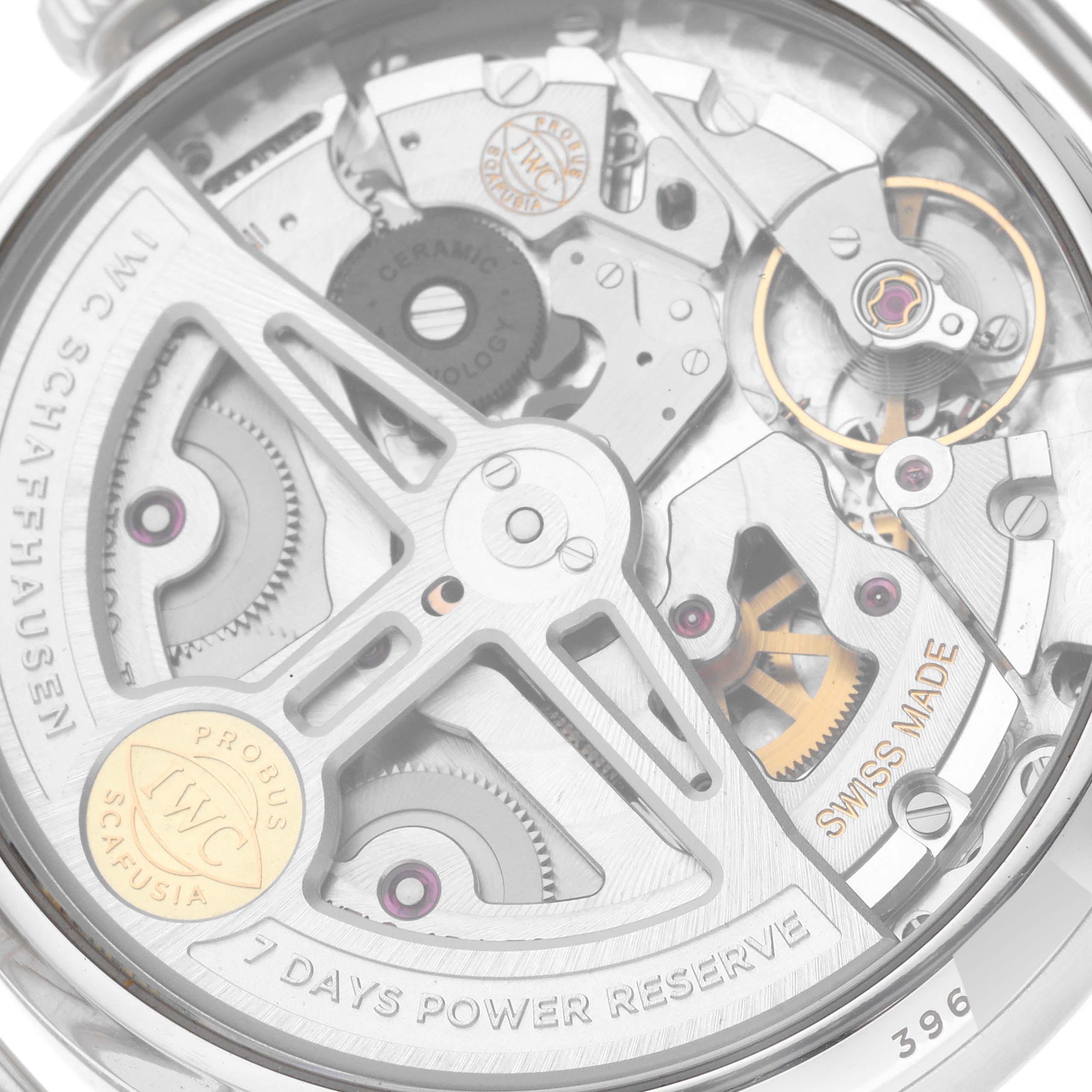 This image shows a close-up of the movement and internal workings of the IWC Portuguese IW500703 Men's Stainless Steel Black Dial IW500703 Men's Stainless Steel Black Dial model watch.