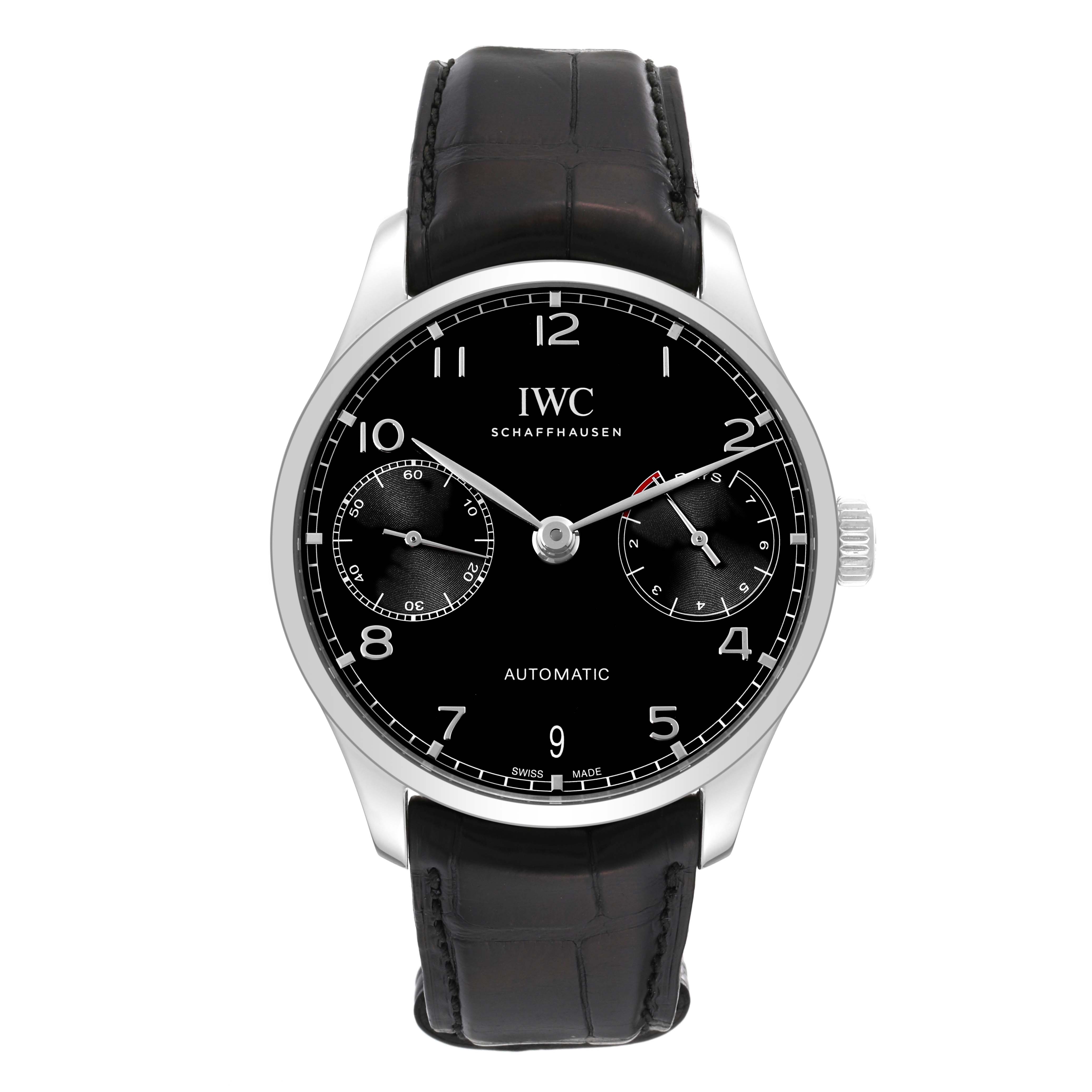 The image shows a front view of the IWC Portuguese IW500703 Men's Stainless Steel Black Dial IW500703 Men's Stainless Steel Black Dial model watch, highlighting its black dial, subdials, and black leather strap.