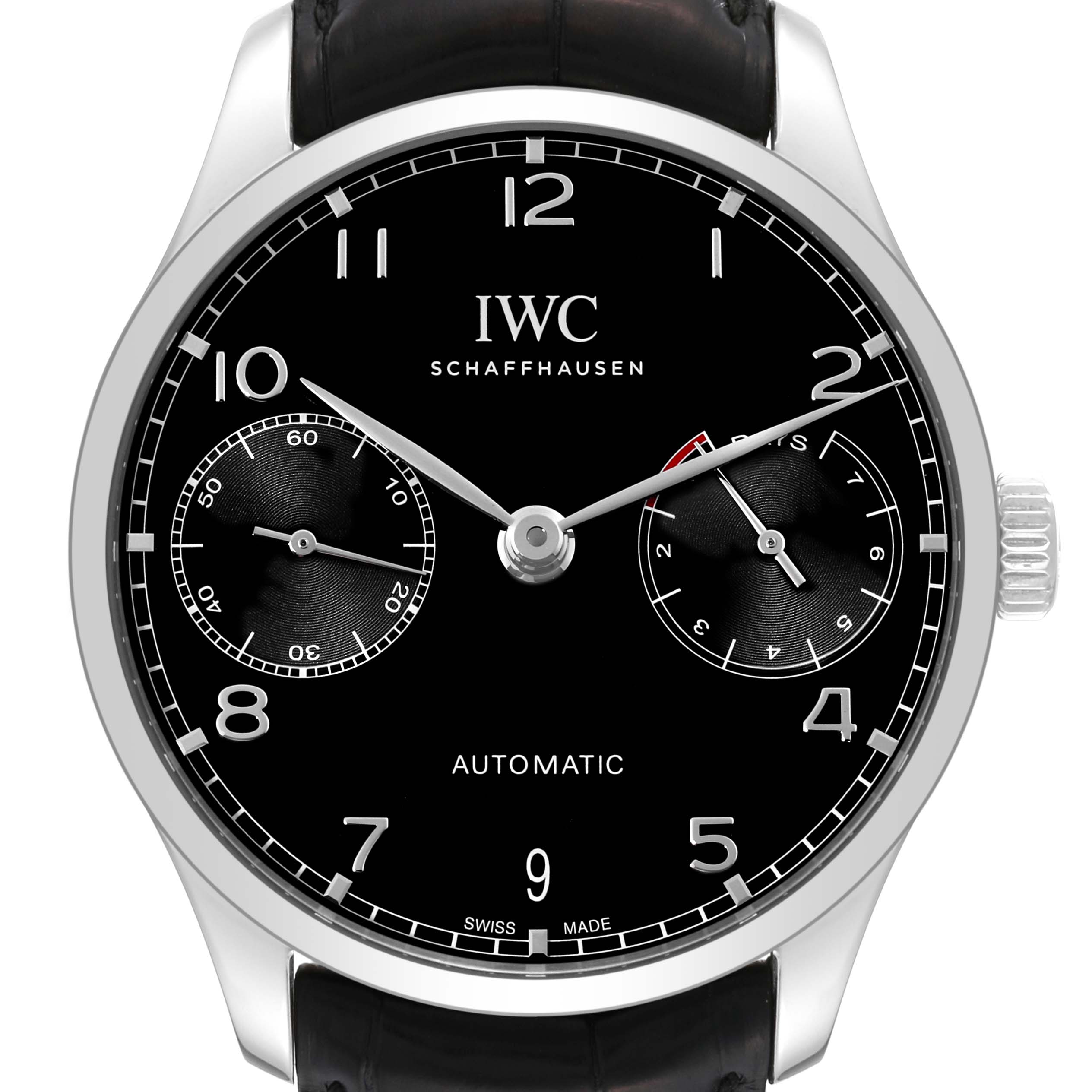 This image shows a frontal view of an IWC Portuguese IW500703 Men's Stainless Steel Black Dial IW500703 Men's Stainless Steel Black Dial model watch, featuring its black dial, hands, and subdials.
