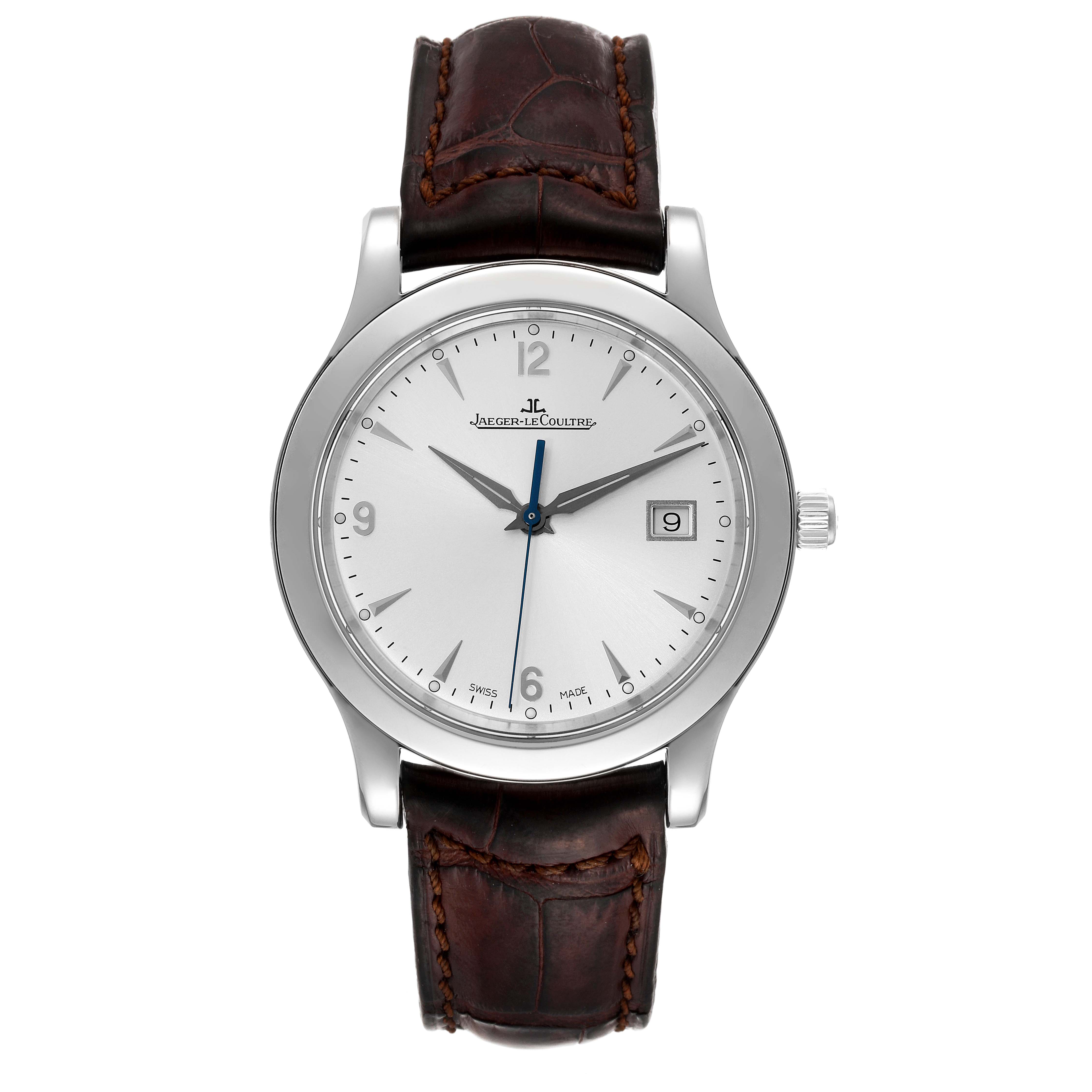 The image shows a front view of the Jaeger LeCoultre Master Q1398420 Men
s Stainless Steel Silver Dial Q1398420 Men
s Stainless Steel Silver Dial model watch with a leather strap.