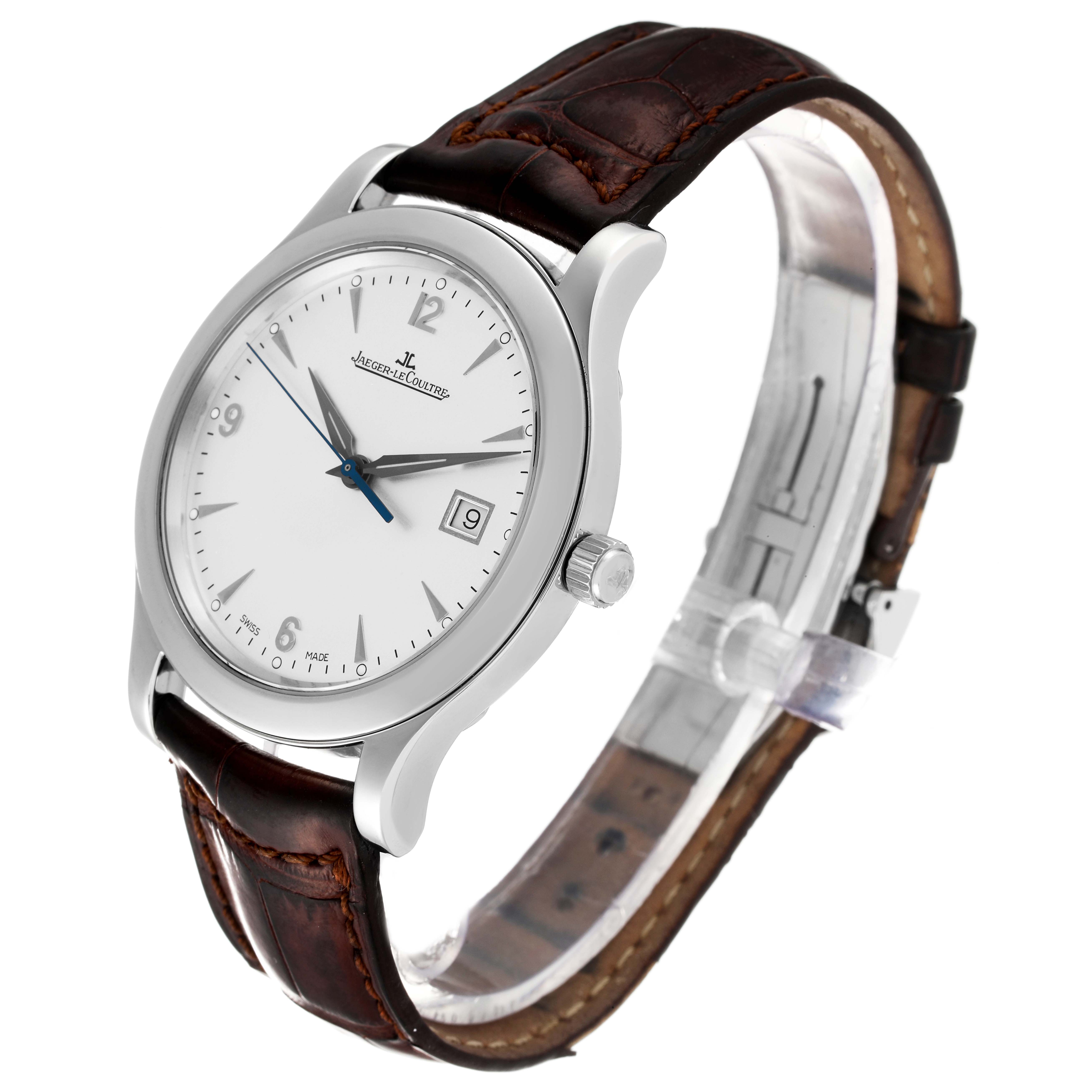 The image shows a Jaeger LeCoultre Master Q1398420 Men
s Stainless Steel Silver Dial Q1398420 Men
s Stainless Steel Silver Dial model watch from an angled side view, highlighting the dial, crown, and leather strap.