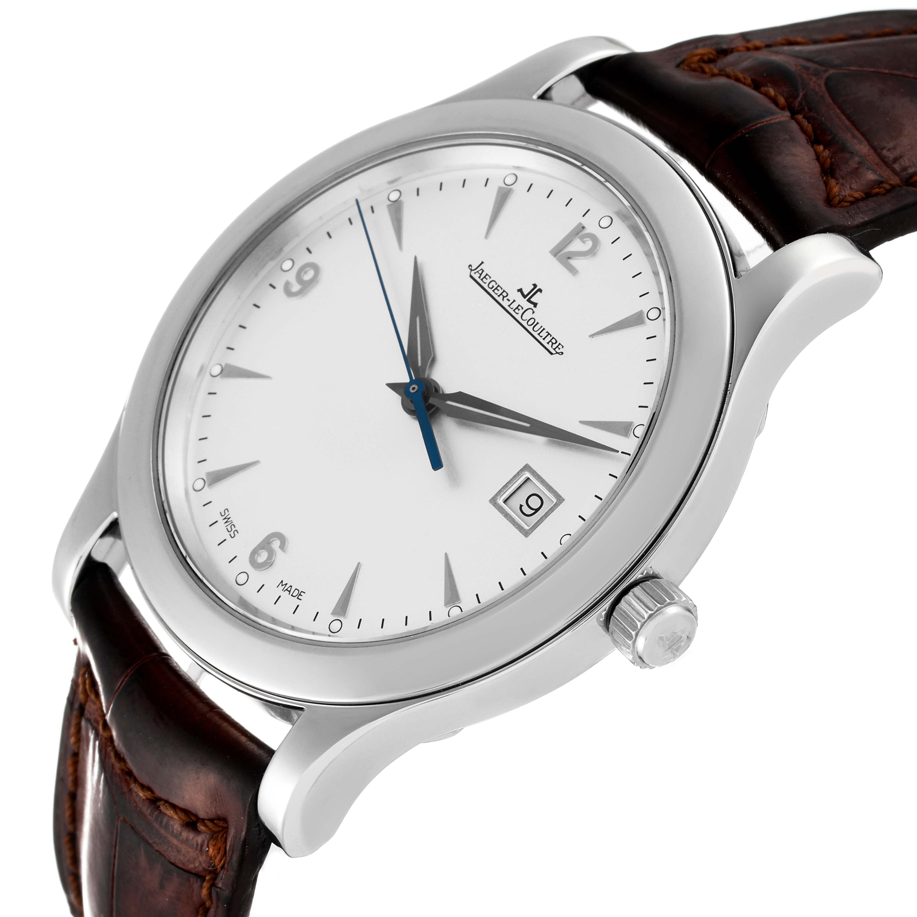 This image shows a Jaeger LeCoultre Master Q1398420 Men
s Stainless Steel Silver Dial Q1398420 Men
s Stainless Steel Silver Dial model watch angled slightly from the side, displaying its dial, hands, crown, and part of the strap.