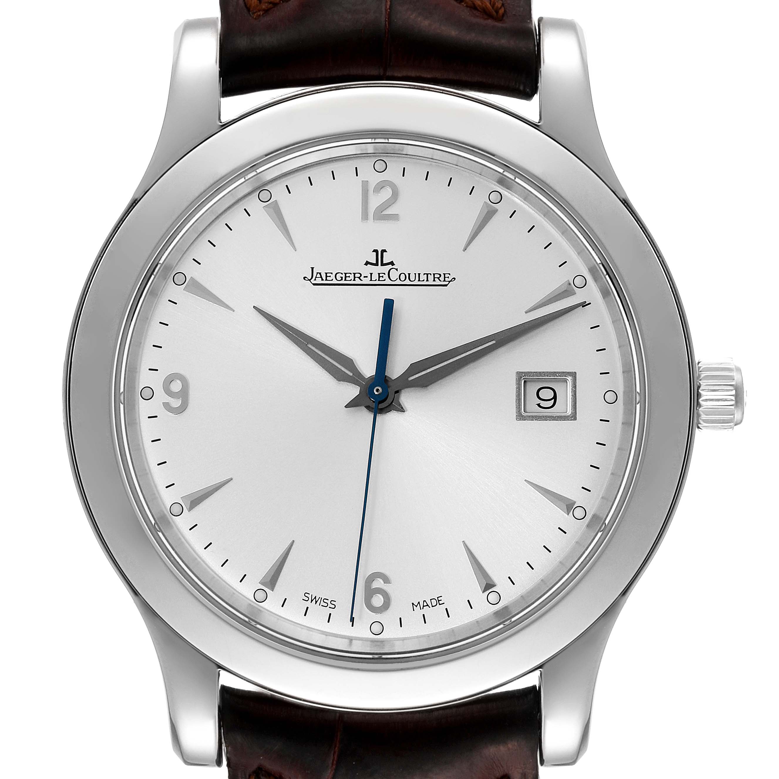 The Jaeger LeCoultre Master Q1398420 Men
s Stainless Steel Silver Dial Q1398420 Men
s Stainless Steel Silver Dial model watch is shown from a front angle, displaying its dial, hands, date window, and part of the leather strap.