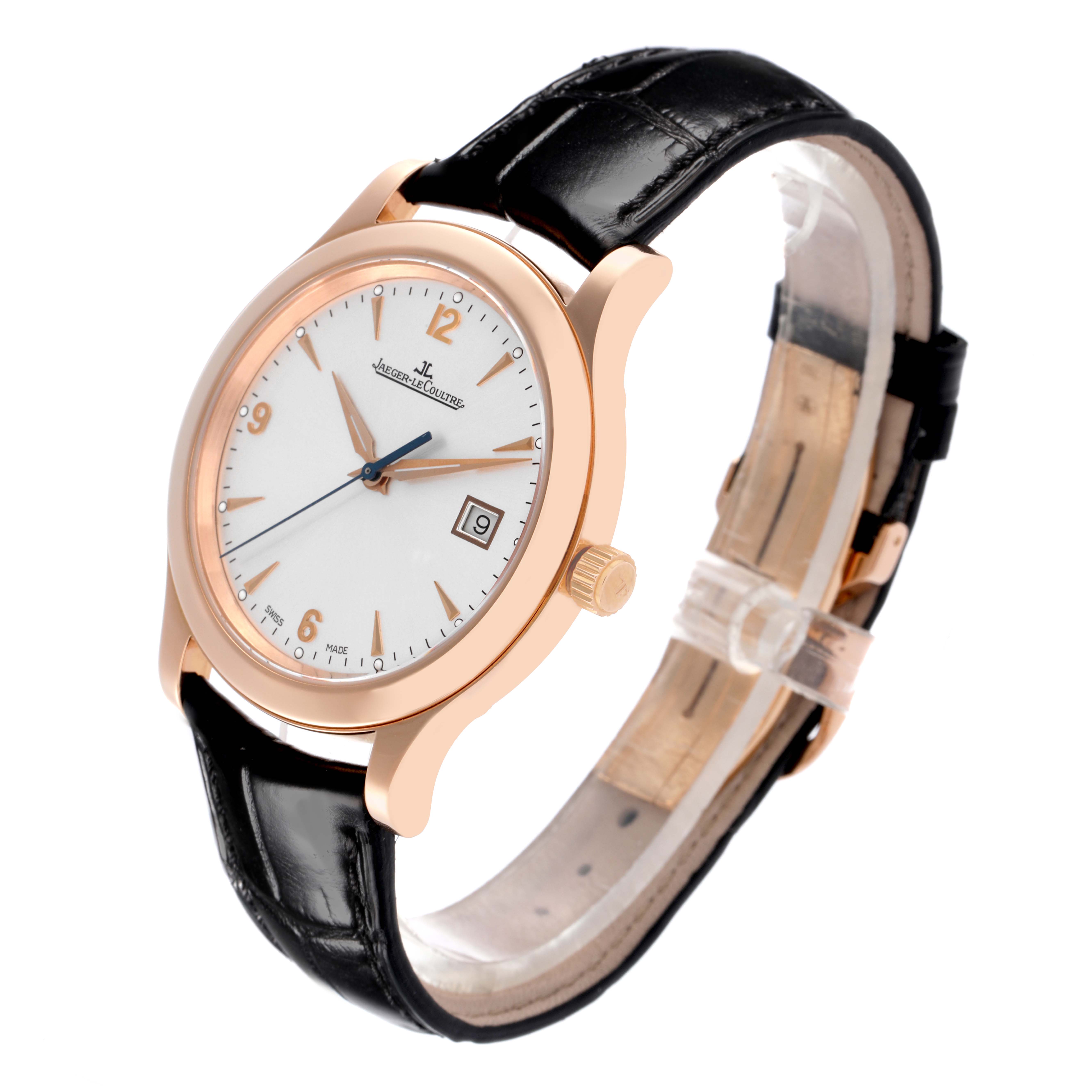 The Jaeger LeCoultre Master Q1392420 Men's Rose Gold Silver Dial Q1392420 Men's Rose Gold Silver Dial watch is shown at a three-quarter angle, highlighting its face, crown, and black leather strap.