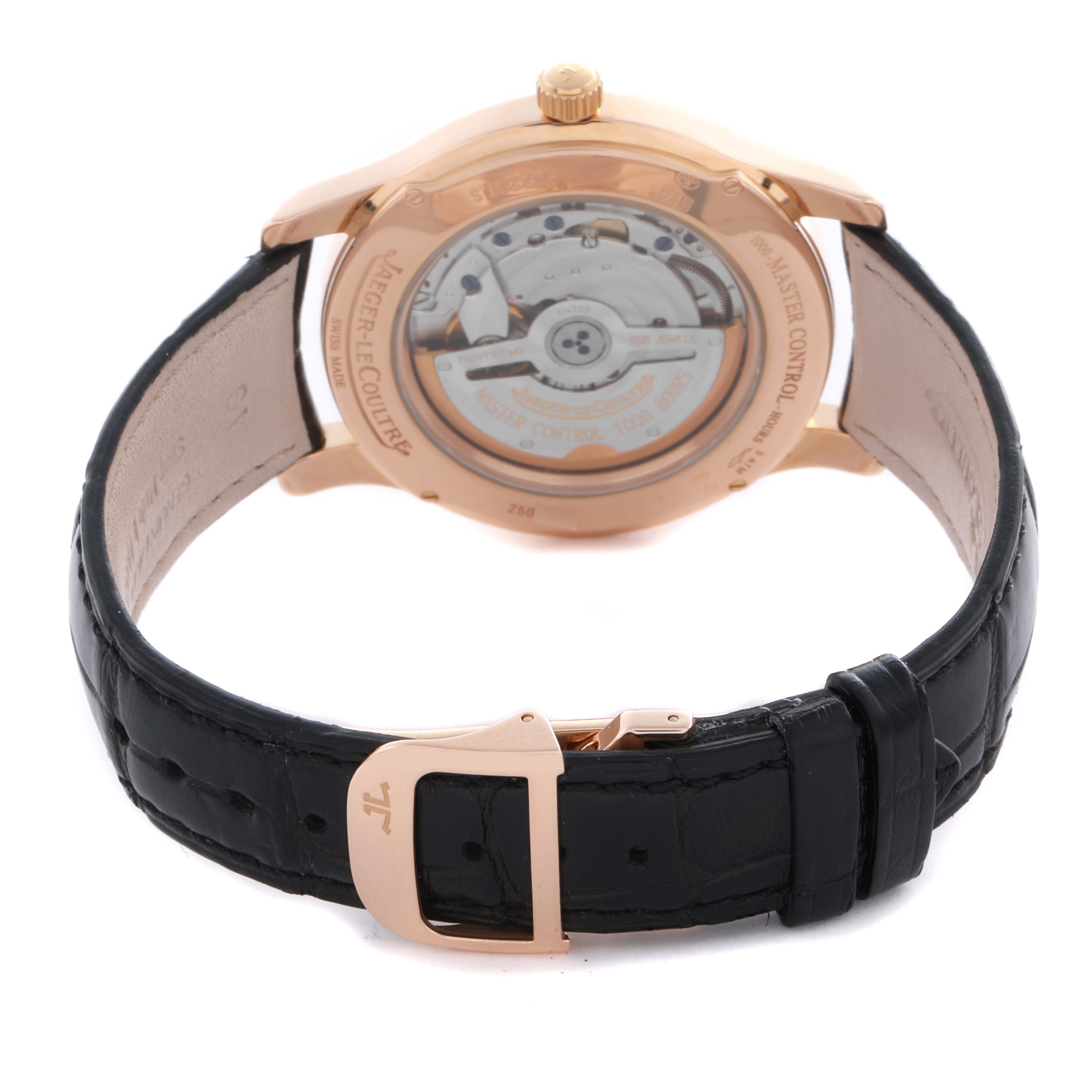 The image shows the back of the Jaeger LeCoultre Master Q1392420 Men's Rose Gold Silver Dial Q1392420 Men's Rose Gold Silver Dial watch, highlighting the movement and black leather strap.