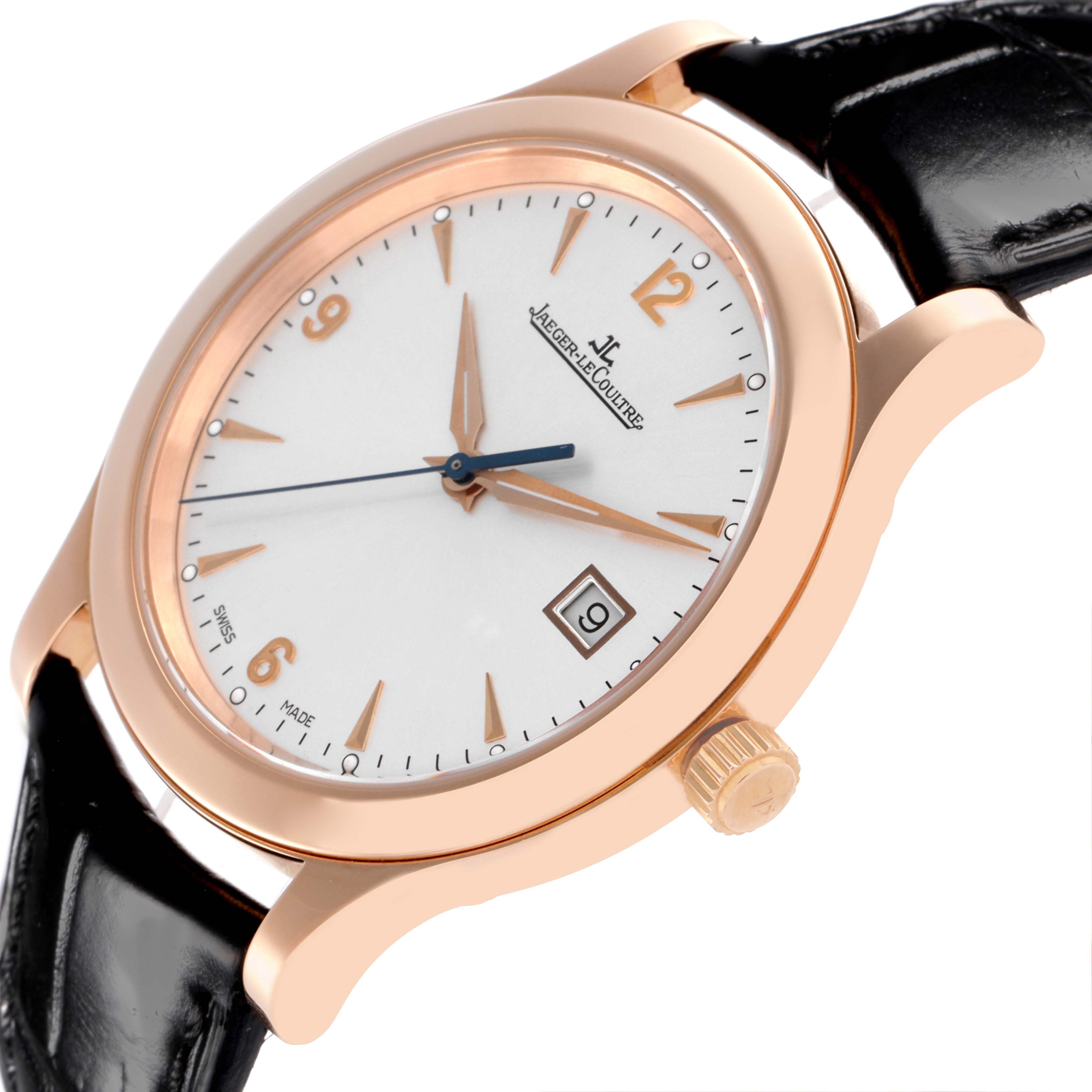 The Jaeger LeCoultre Master Q1392420 Men's Rose Gold Silver Dial Q1392420 Men's Rose Gold Silver Dial watch is shown at an angled view, highlighting the dial, hands, crown, and leather strap.