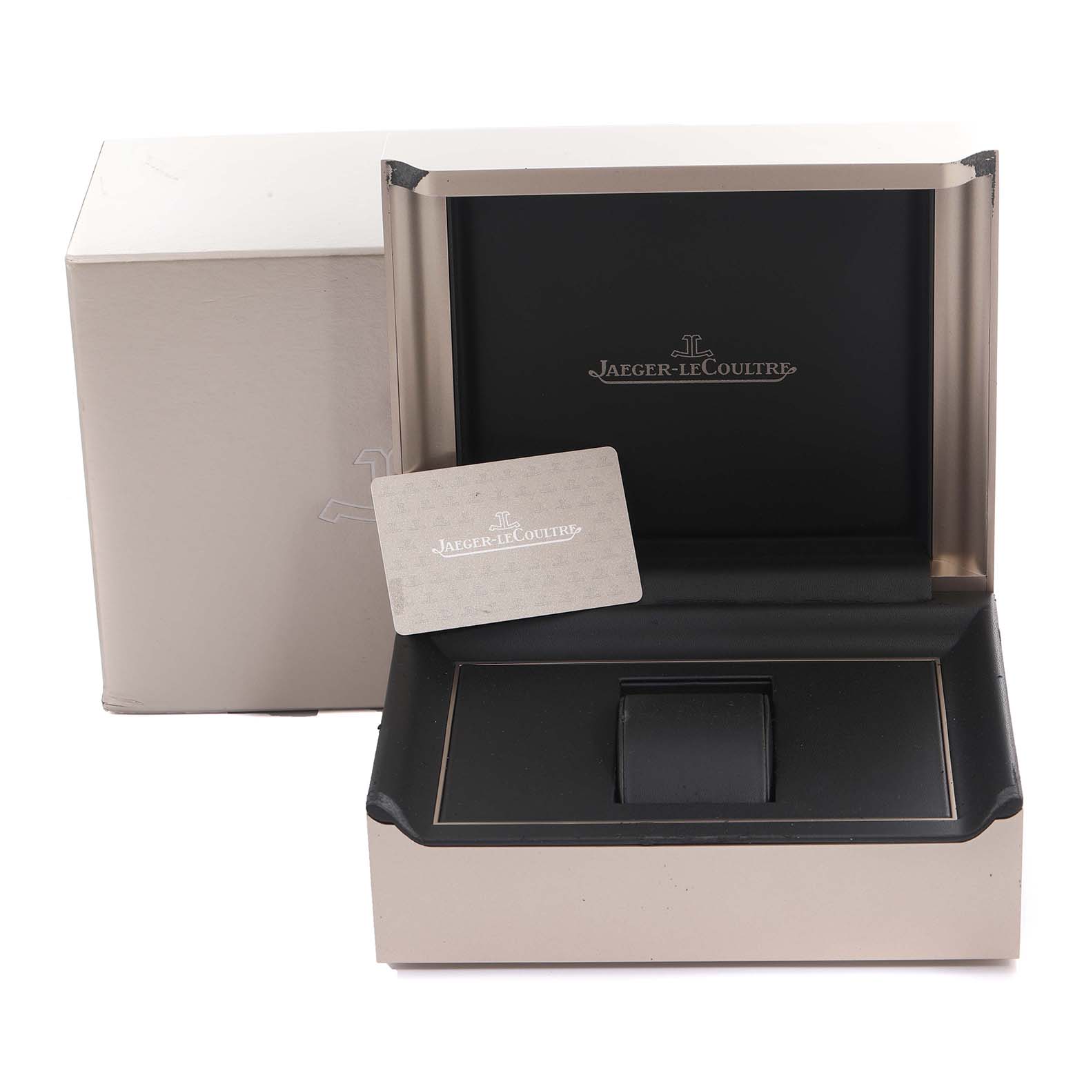 The image shows a Jaeger LeCoultre Polaris Q905T471 Men's Titanium Black Dial Q905T471 Men's Titanium Black Dial watch box, card, and inner case from a frontal angle.