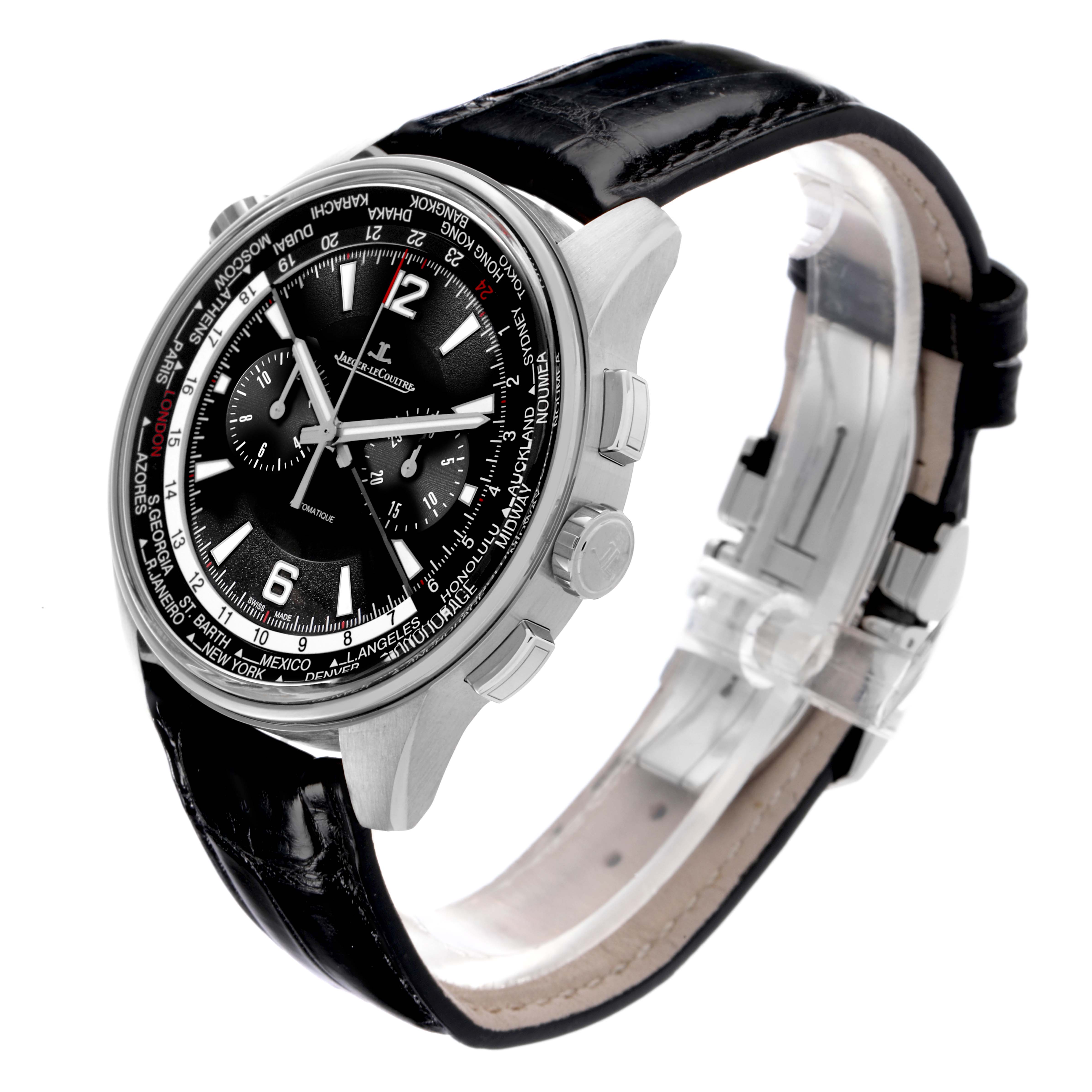 The Jaeger LeCoultre Polaris Q905T471 Men's Titanium Black Dial Q905T471 Men's Titanium Black Dial watch is shown at a three-quarter angle, highlighting the dial, case, pushers, and part of the strap.