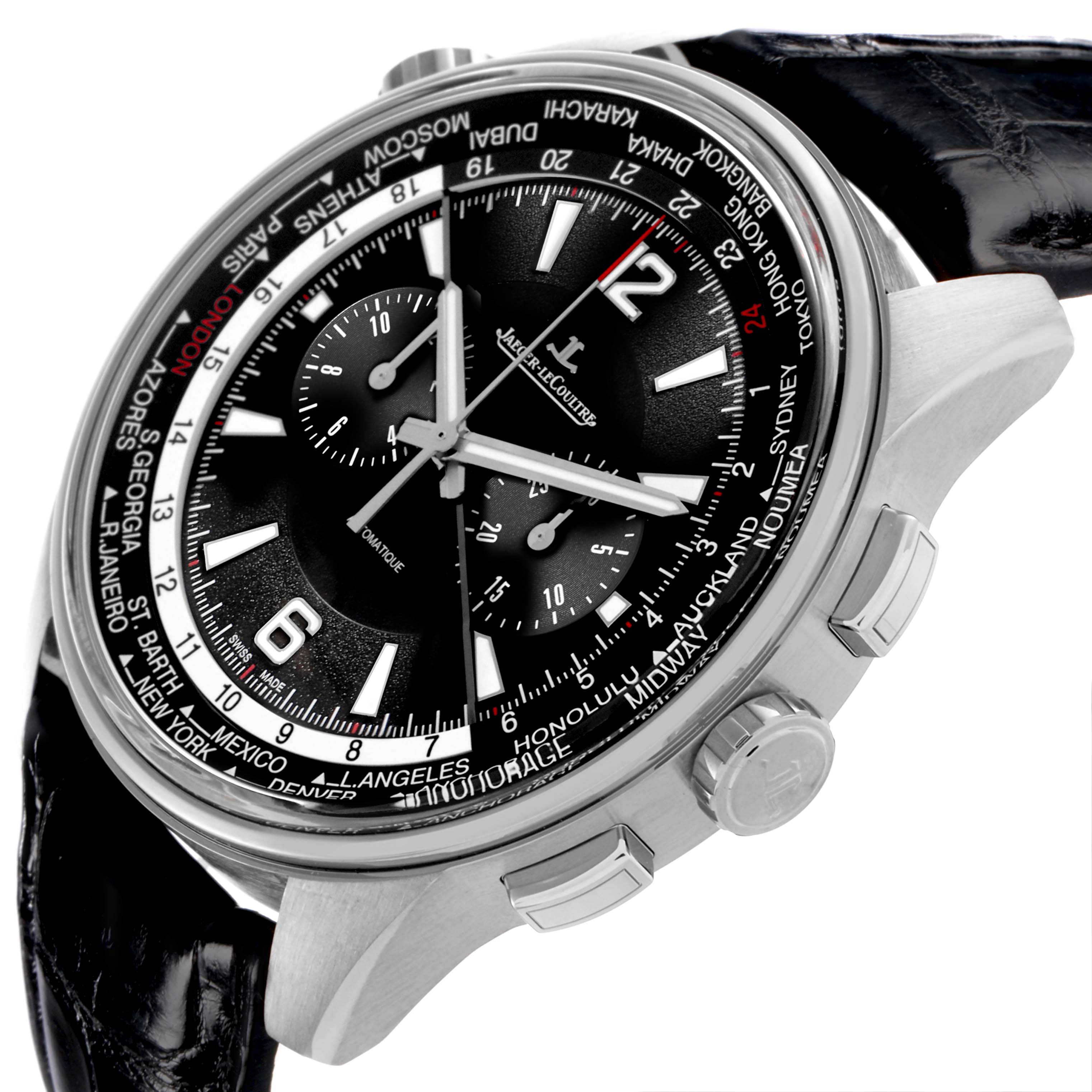 The Jaeger LeCoultre Polaris Q905T471 Men's Titanium Black Dial Q905T471 Men's Titanium Black Dial watch is shown at an angled close-up, highlighting the dial, world time cities, and side pushers.