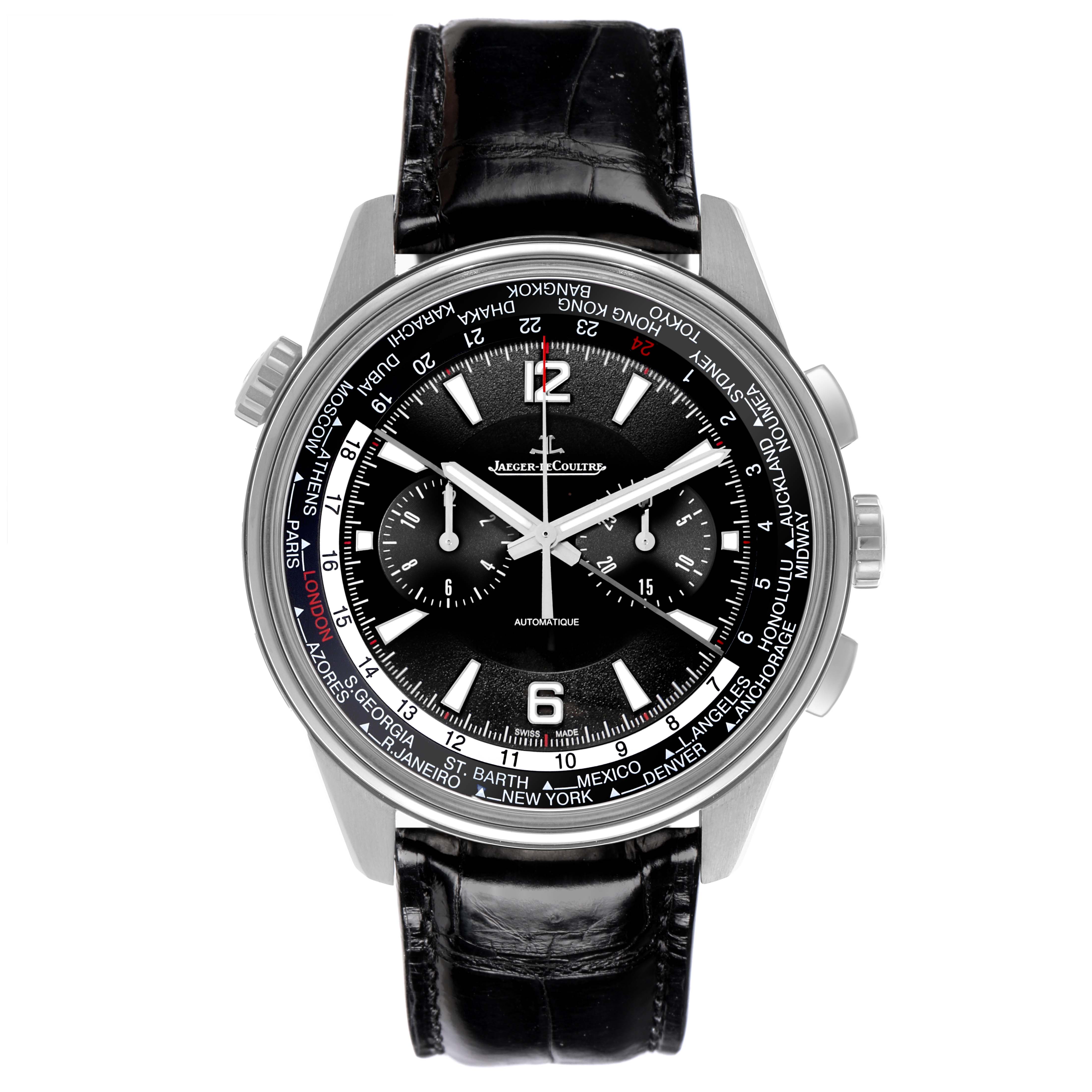 The Jaeger-LeCoultre Polaris watch is shown from the front, displaying its face, three subdials, and black leather strap.