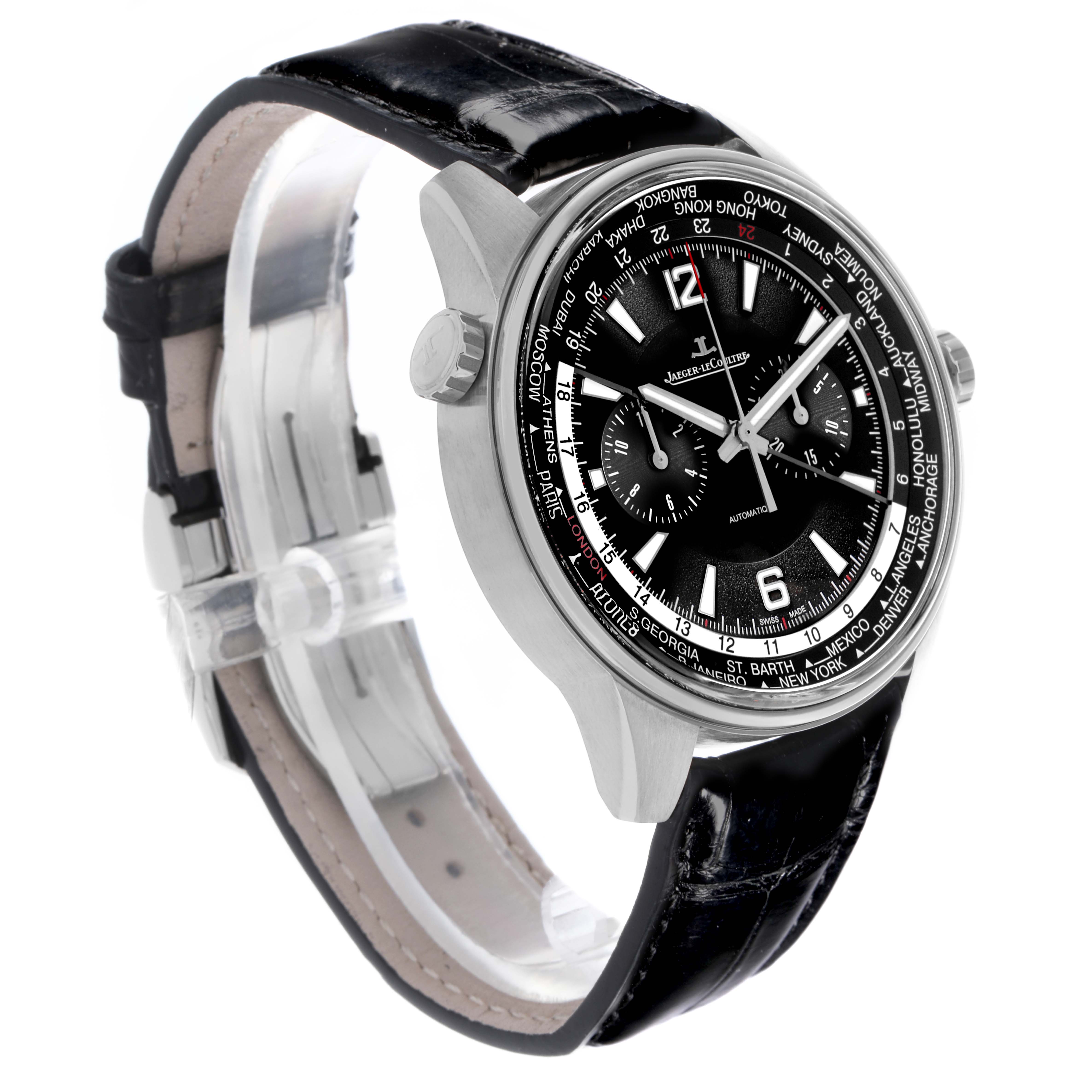 The Jaeger LeCoultre Polaris Q905T471 Men's Titanium Black Dial Q905T471 Men's Titanium Black Dial watch is shown at a three-quarter angle, displaying the black dial, case, and leather strap.